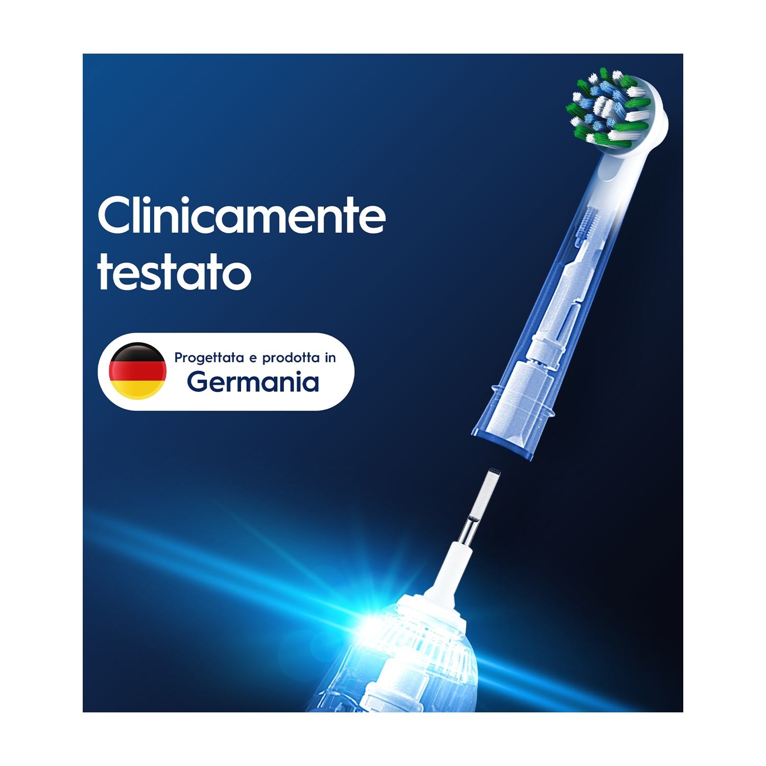 Dettaglio testina spazzolino; bandiera Germania, testo e sfondo blu.