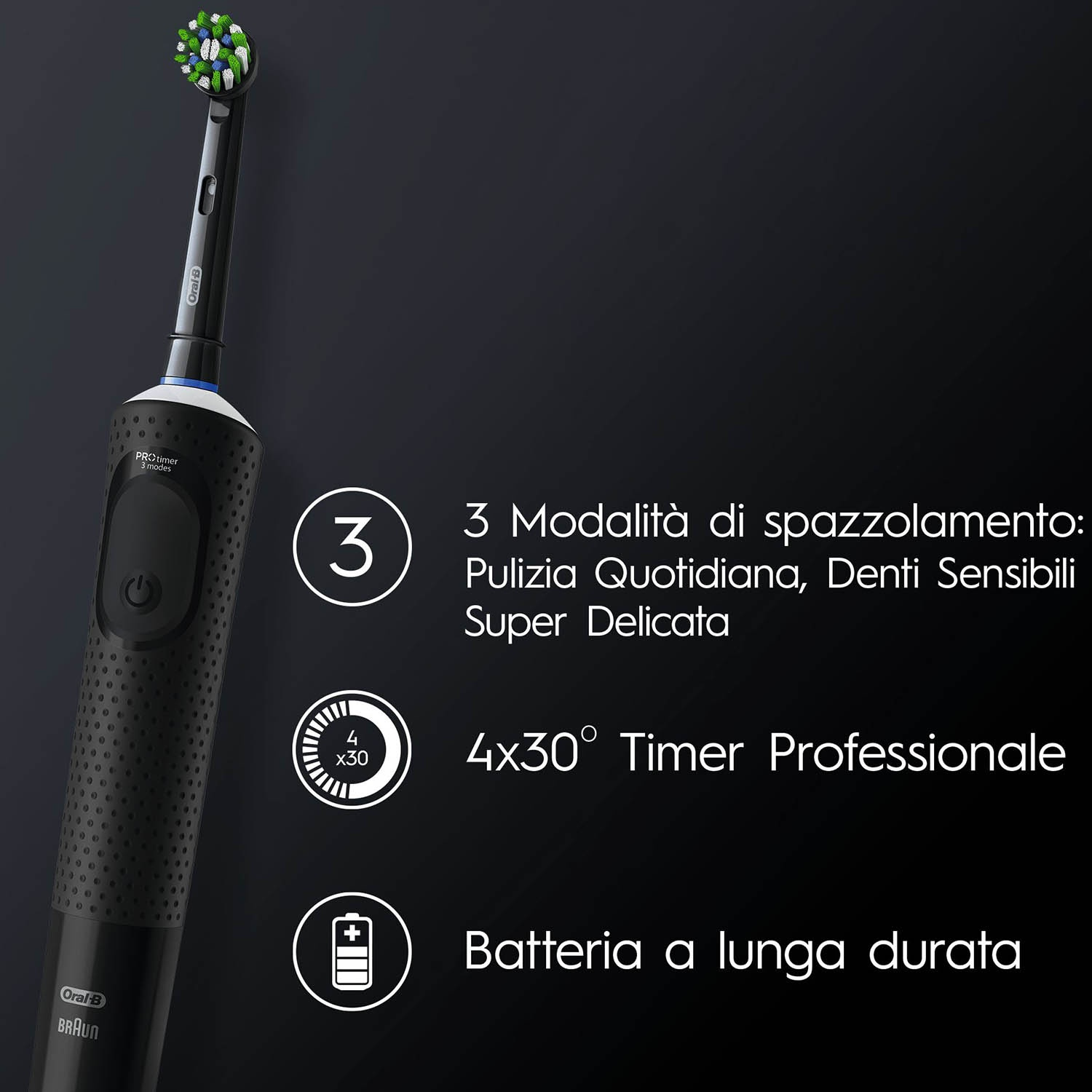Spazzolino elettrico nero con testo e icone. Mostra funzionalità come le diverse modalità di pulizia.