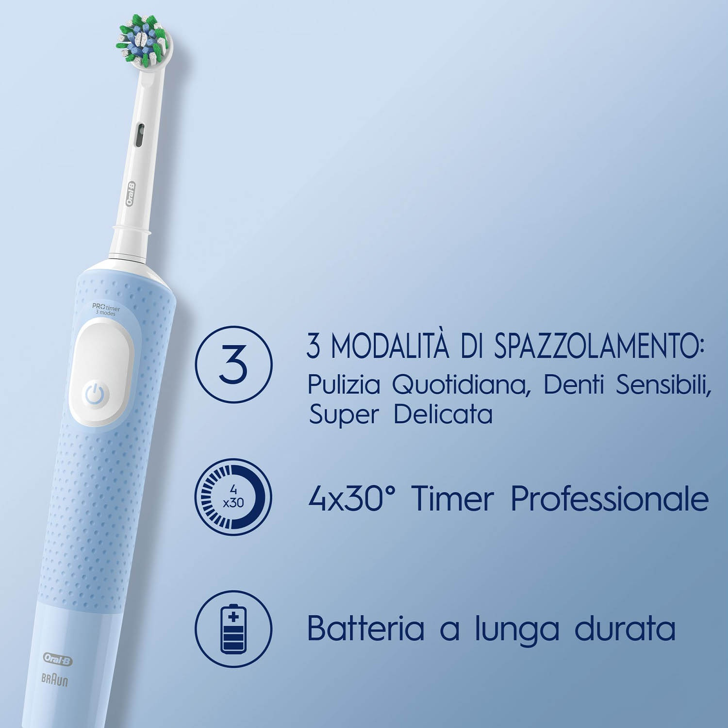 Spazzolino elettrico blu con testina verde e bianca, manico bianco.