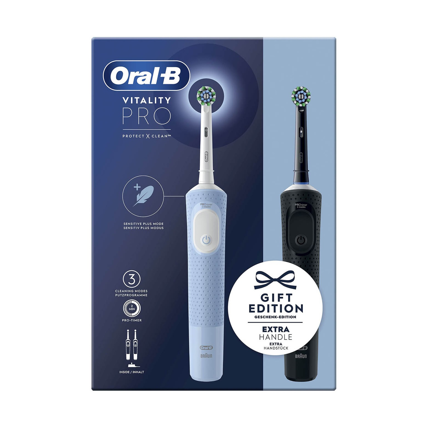 Scatola con spazzolini elettrici Oral-B, manico blu e nero, con testo e icone, sfondo bianco.