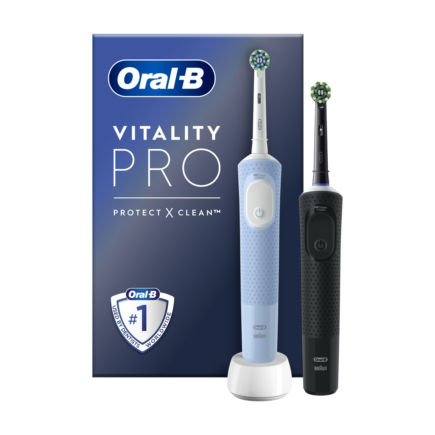 Due spazzolini Oral-B Vitality Pro e una scatola, su bianco.