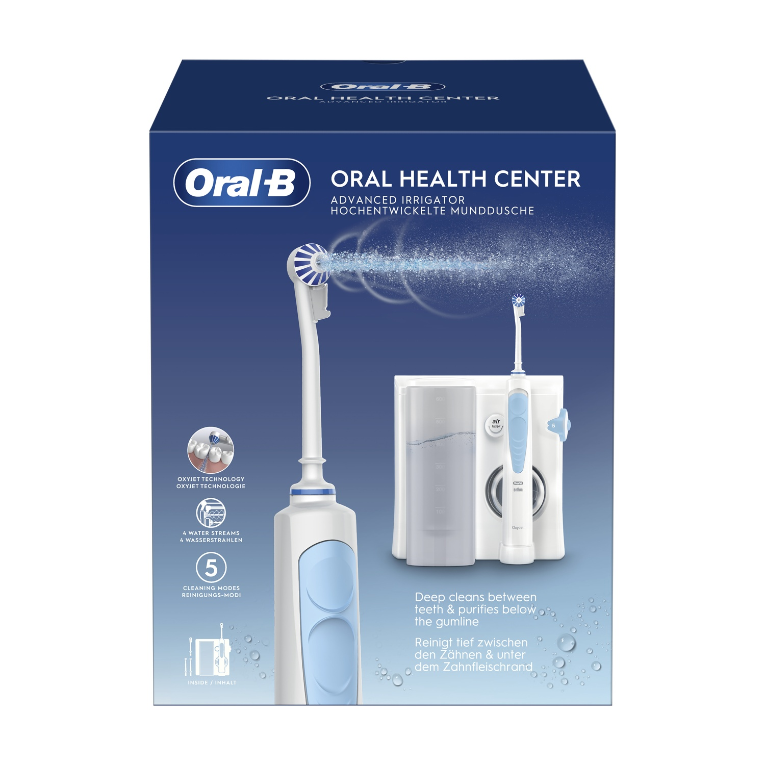 Scatola Oral-B Oral Health Center con uno spazzolino e un irrigatore davanti.