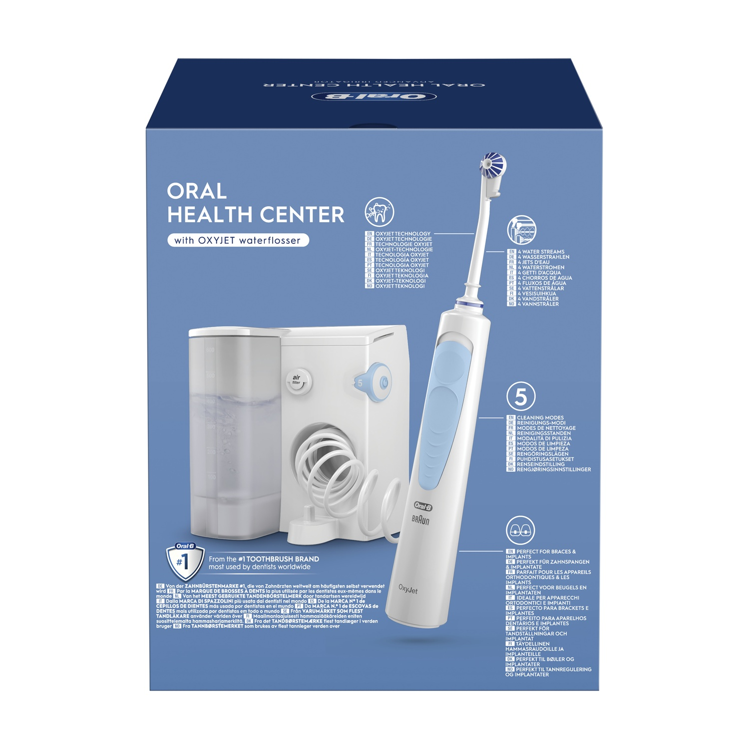 Scatola del filo interdentale Oral Health Center con testo e immagine del prodotto.