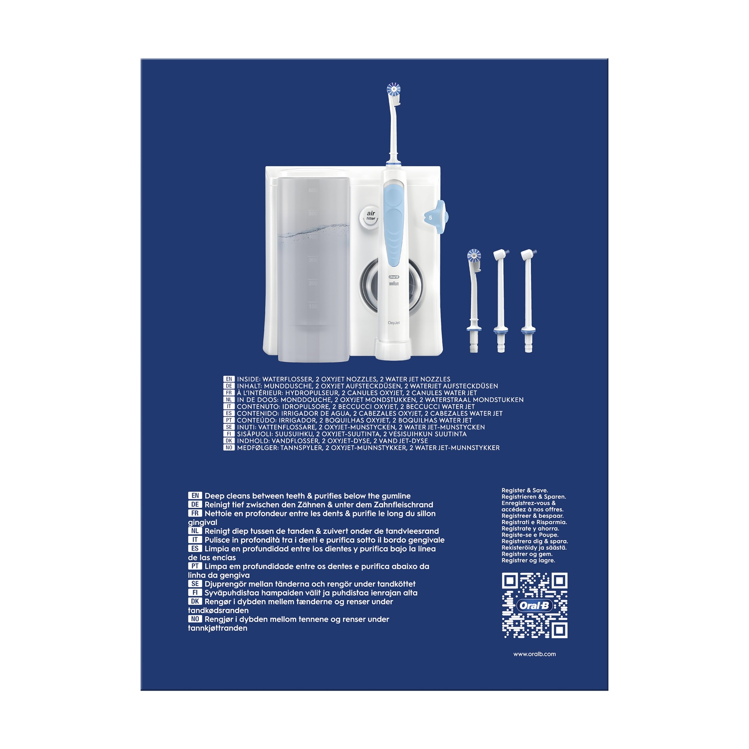 Un idropulsore elettrico con vari ugelli e un design blu e bianco, con testo in più lingue.