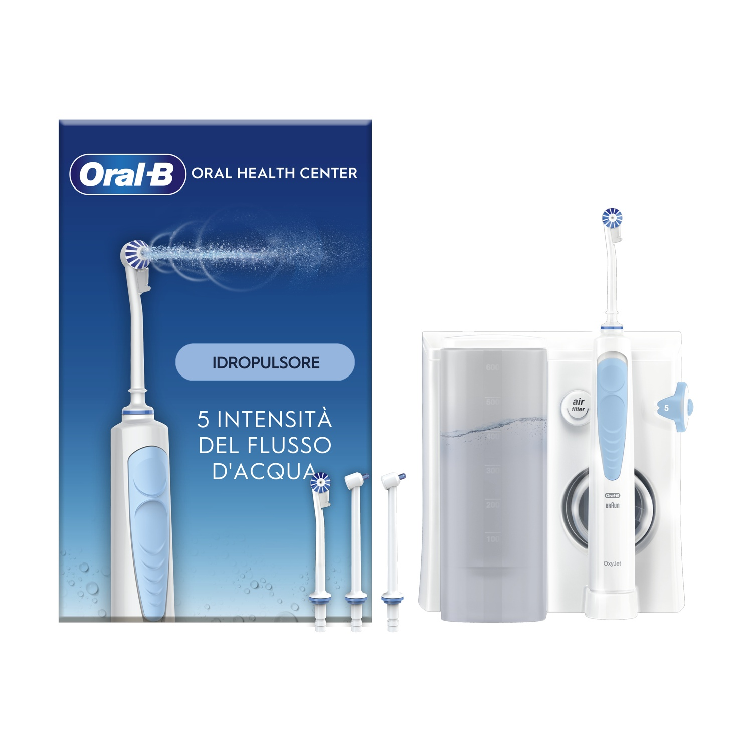 Oral-B Oral Health Center con irrigatore e componenti per idropulsore.
