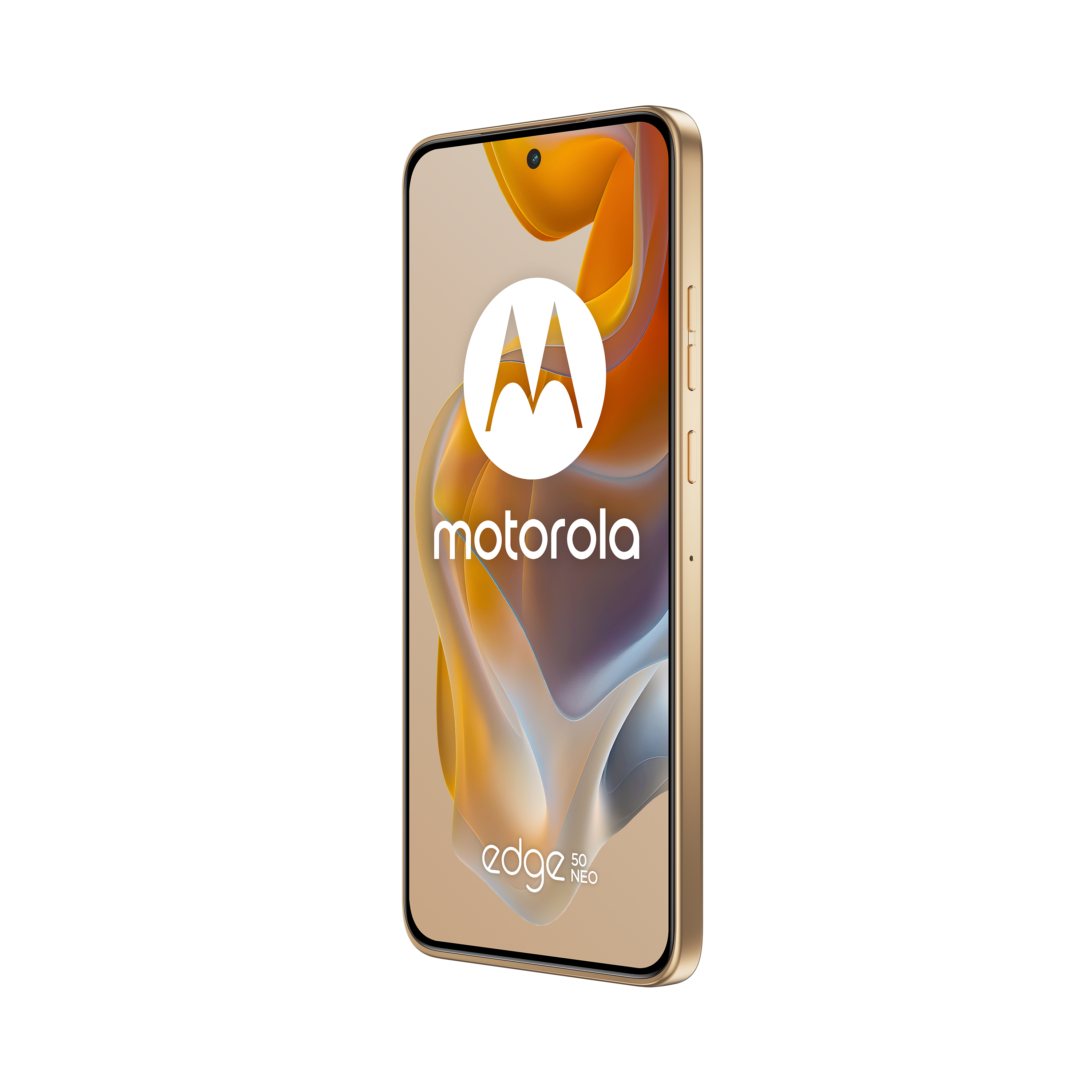 Ein goldenes Motorola-Smartphone. Der Bildschirm zeigt das Motorola-Logo auf einem Farbverlaufshintergrund.