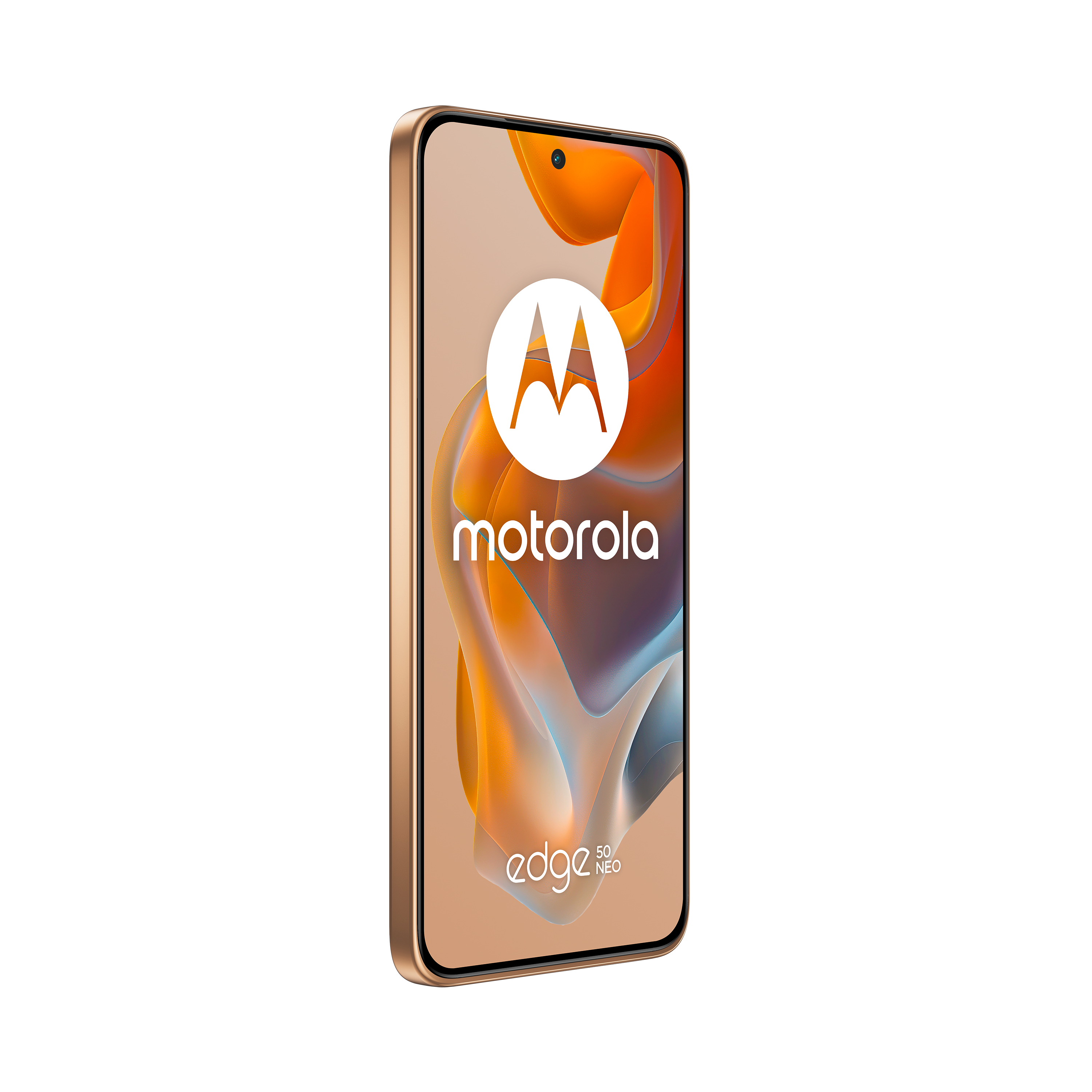 Ein goldenes Motorola-Smartphone. Der Bildschirm zeigt das Motorola-Logo auf einem Farbverlaufshintergrund.
