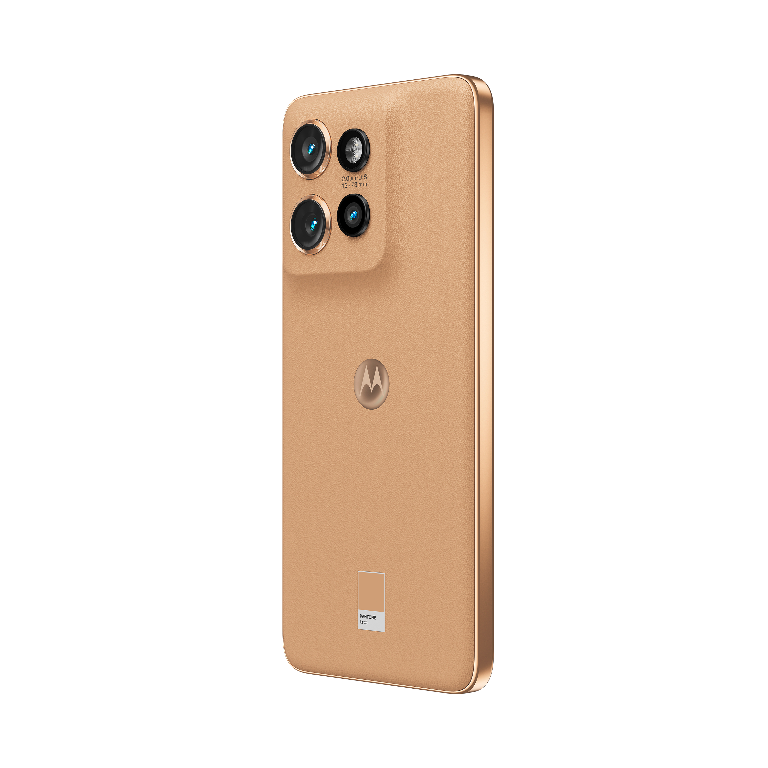 Goldenes Telefon, Rückansicht, mit drei Kameras und einem Logo.