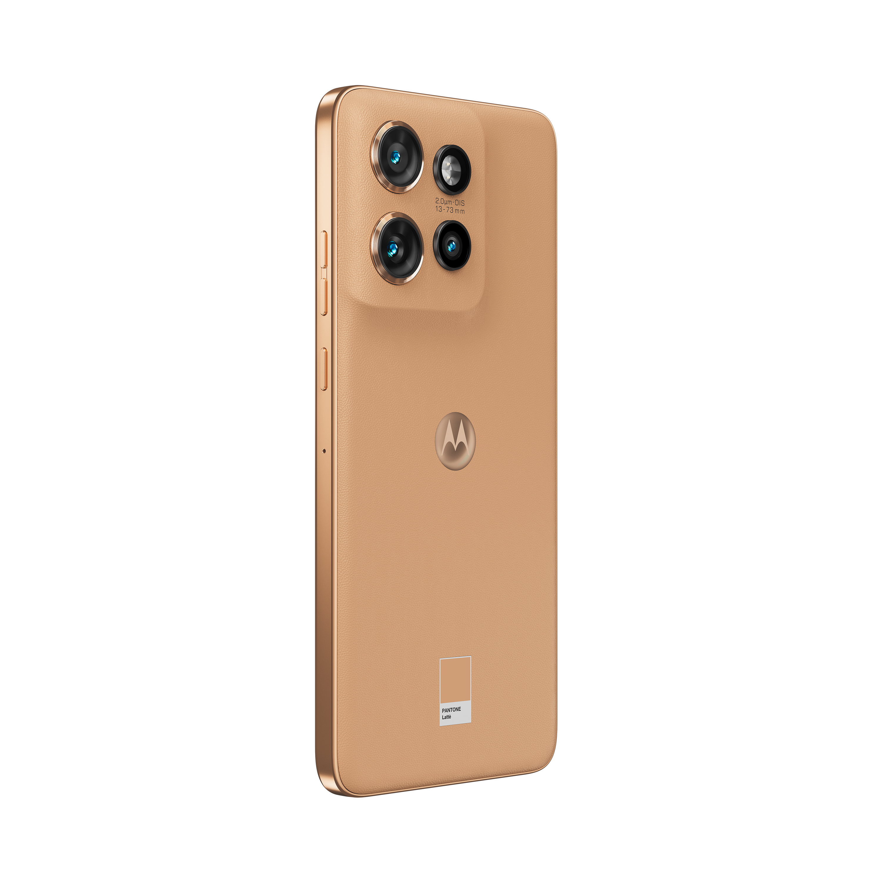 Motorola-Telefon, Rückansicht, mit mehreren Kameras und einem lederartigen, braunen Finish.
