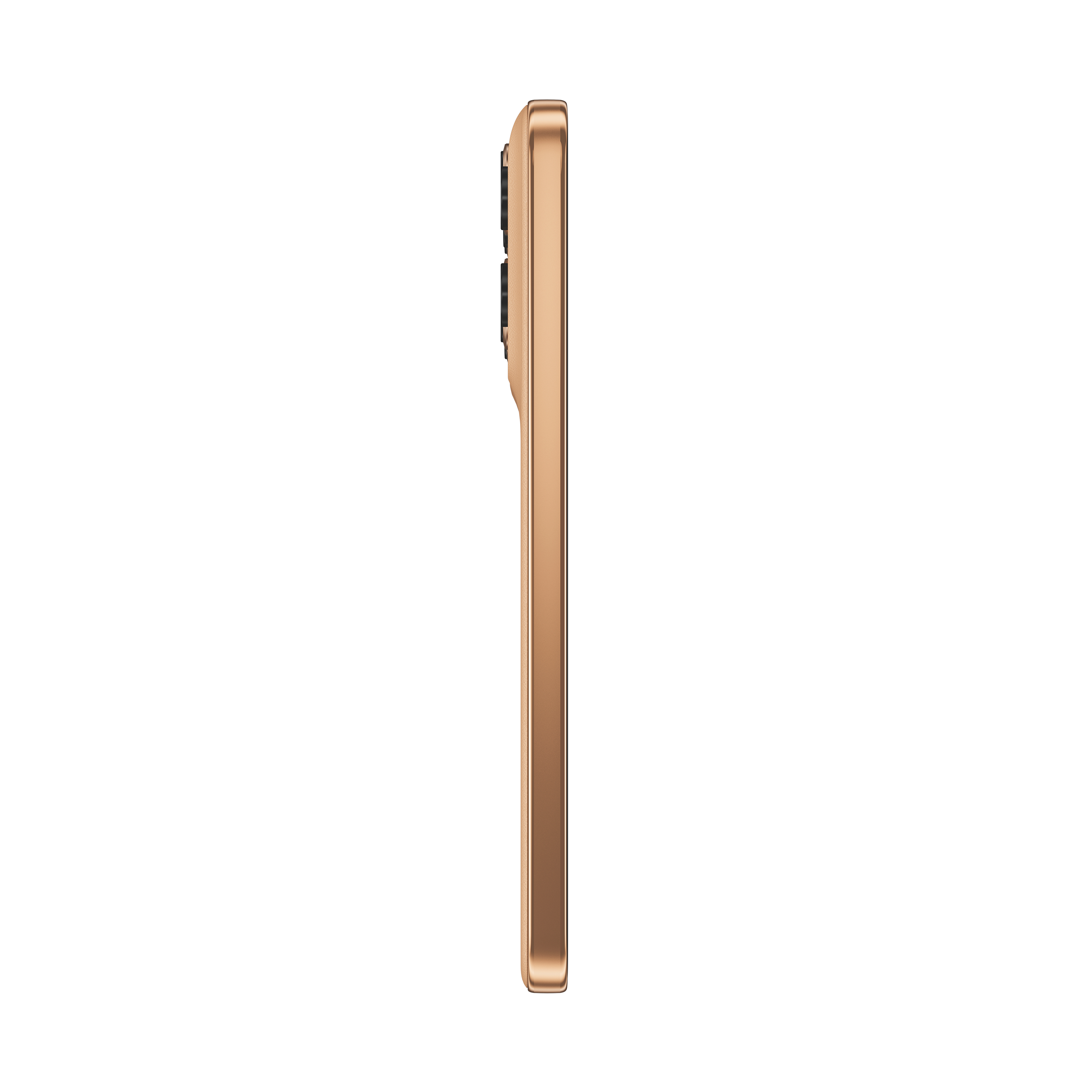 Seitenansicht eines goldenen Smartphones. Die Kameralinsen sind sichtbar.