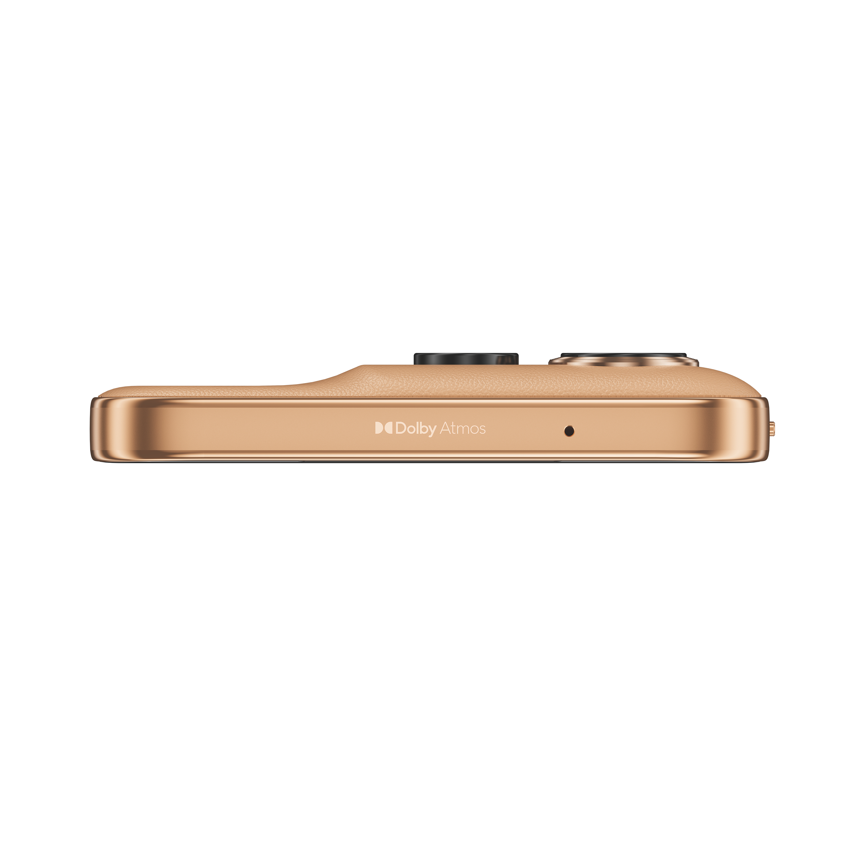 Nahaufnahme der Seite eines goldfarbenen Smartphones mit Dual-Kameras und Dolby Atmos-Logo.