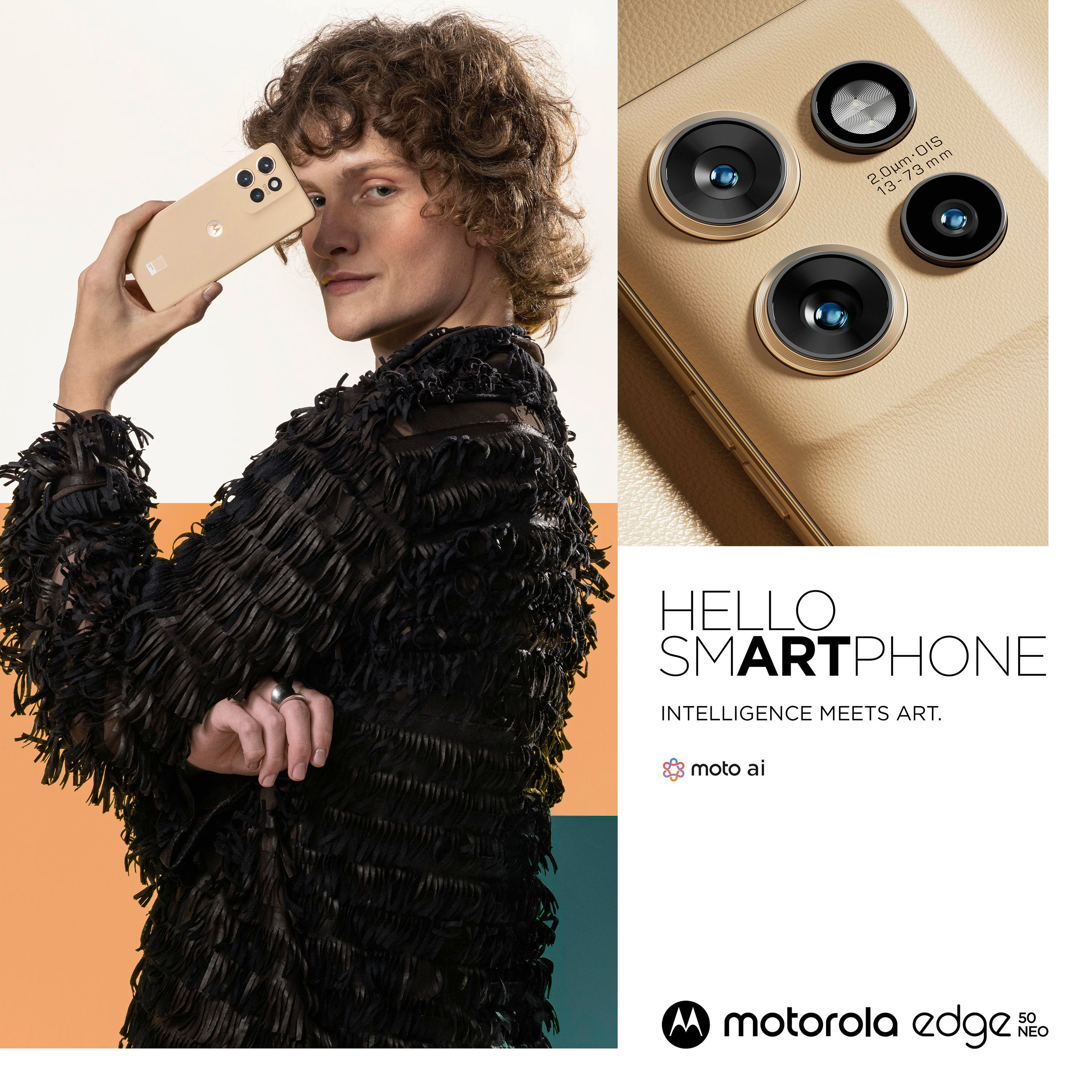 Ein Mann hält ein goldenes Telefon mit drei Kameras; Textüberlagerung.