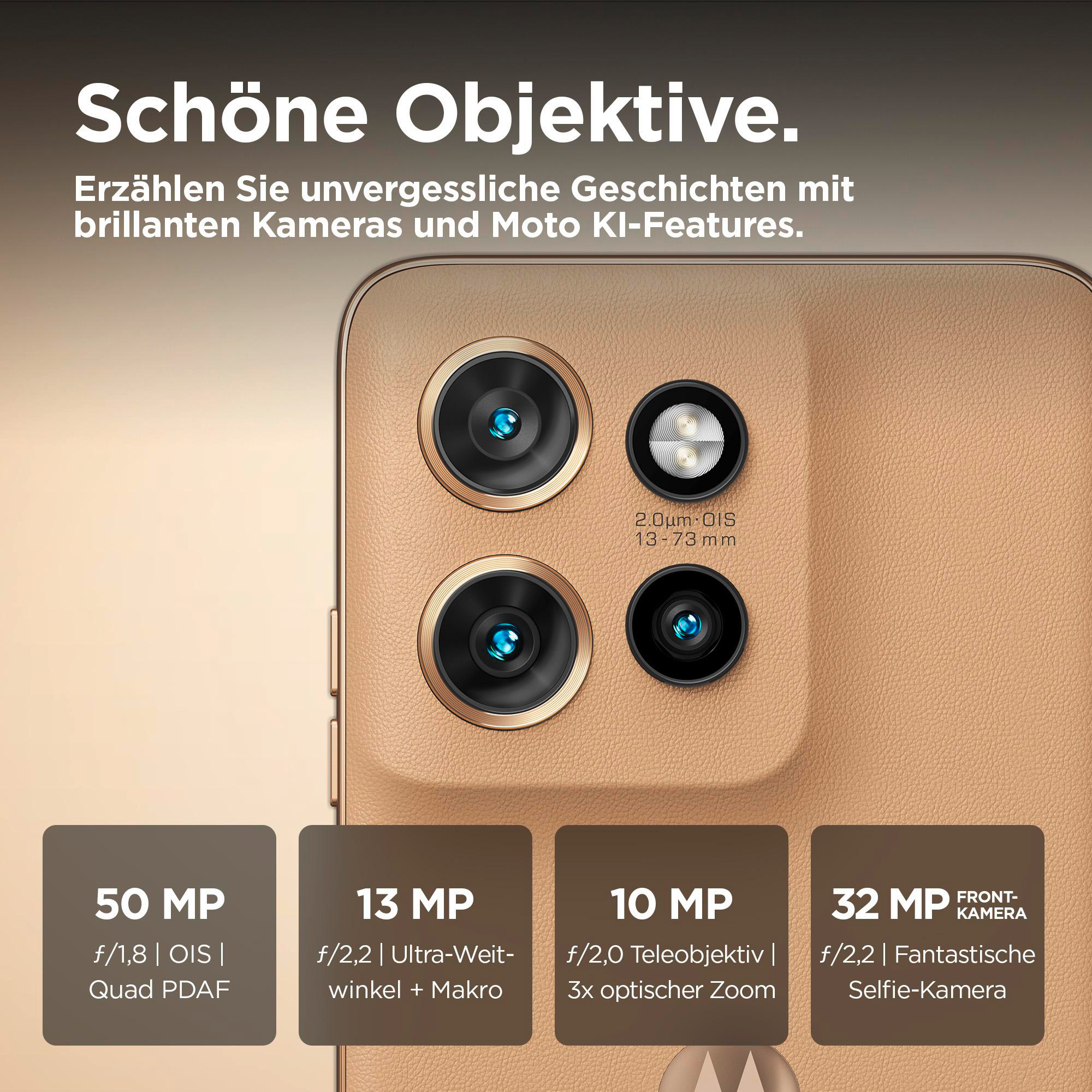 Nahaufnahme eines Telefonkameramoduls mit vier Objektiven und Spezifikationen wie 50 MP und 32 MP.