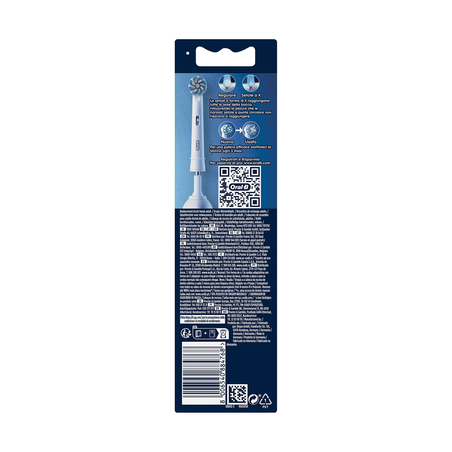 Retro della confezione della testina dello spazzolino con testo e codice QR.