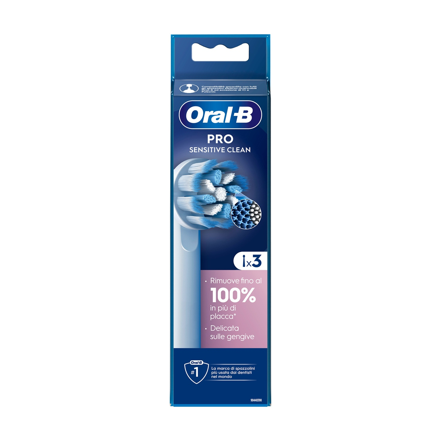 Scatola di testine Oral-B Pro Sensitive Clean. Le testine sono bianche e blu. Sfondo bianco.