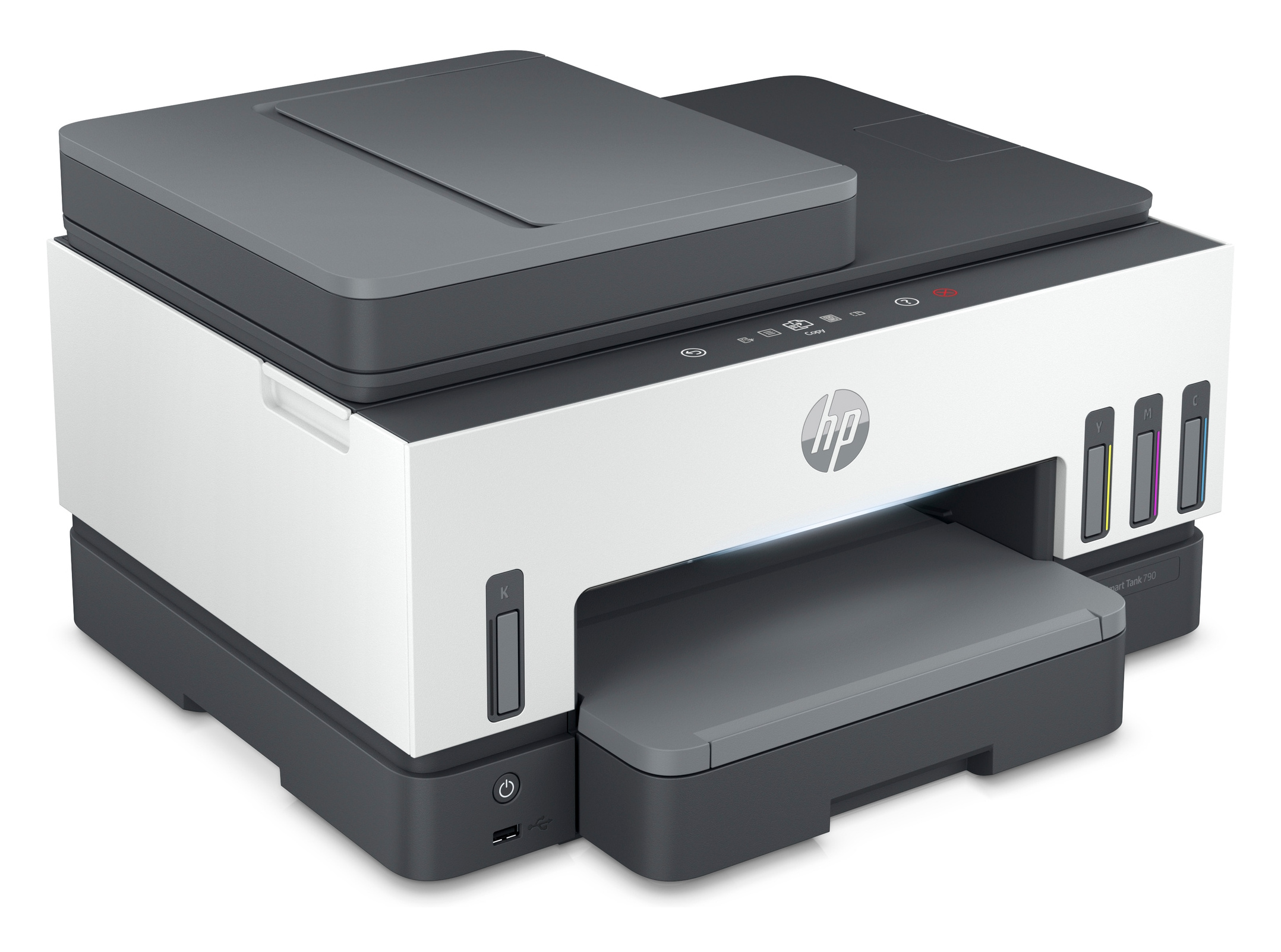 Biało-szara drukarka z wysuniętą tacą na papier i logo HP. Na górze skaner.