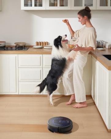 Frau füttert einen schwarz-weißen Hund in einer Küche. Ein Roboter-Staubsauger steht auf dem Boden.