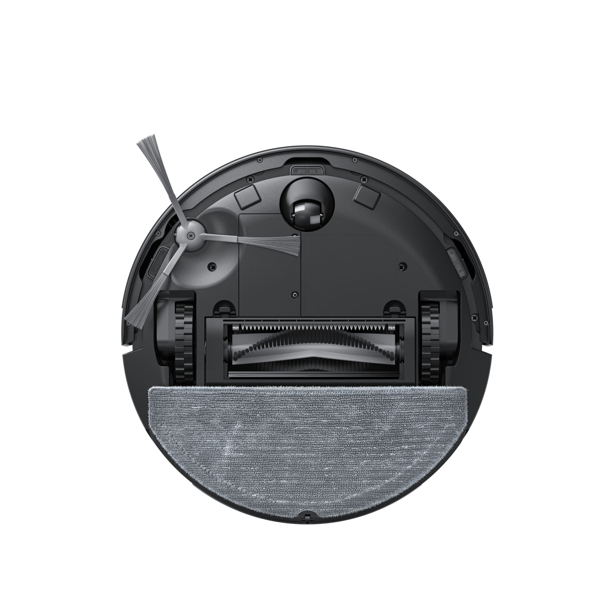 Ein schwarzer Roboter-Staubsauger. Er hat Bürsten, Räder und ein Reinigungspad, alles vor weißem Hintergrund.