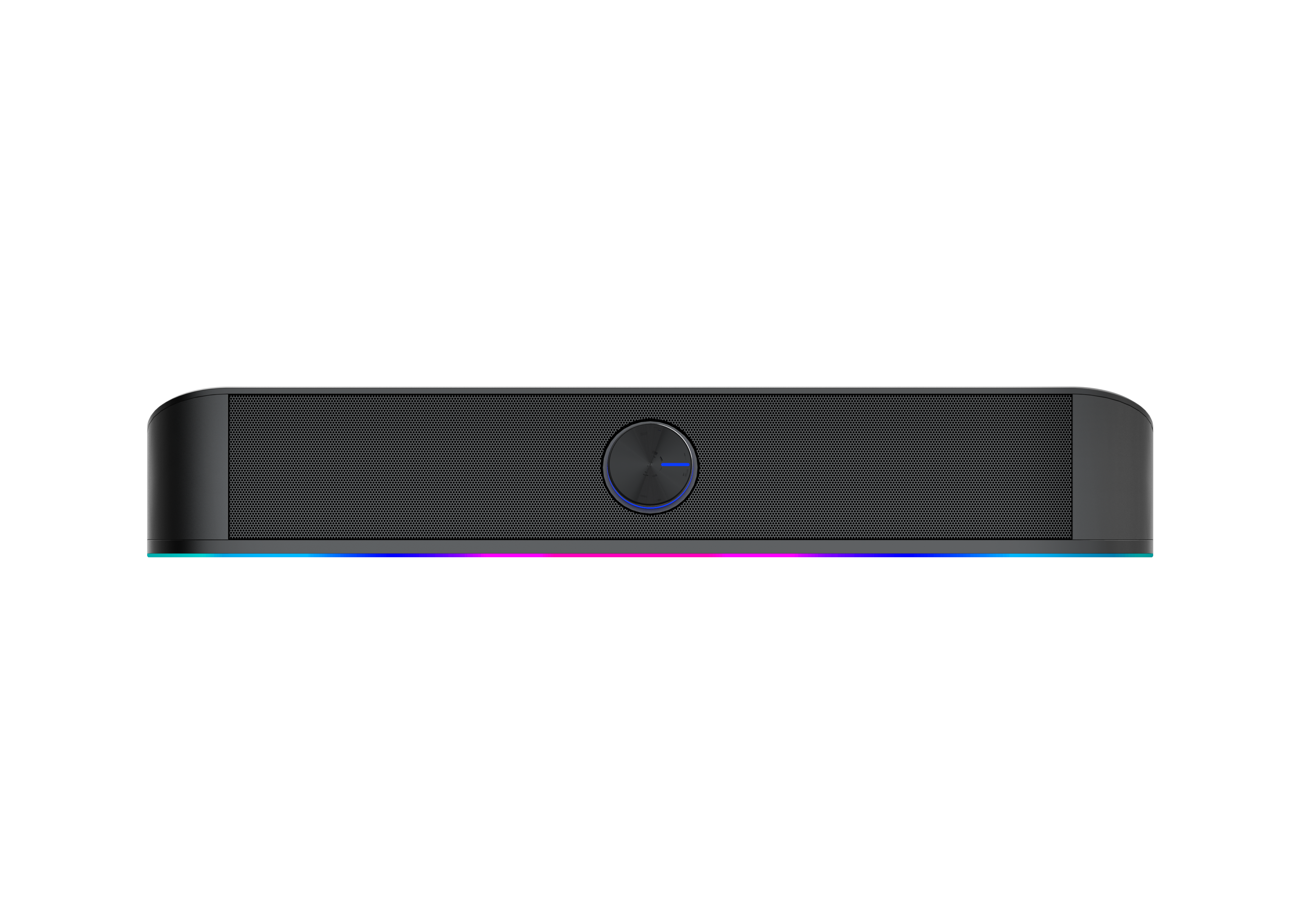 Schwarze Soundbar mit Mesh-Front, blau beleuchtetem Mittelknopf und farbigem LED-Streifen unten.