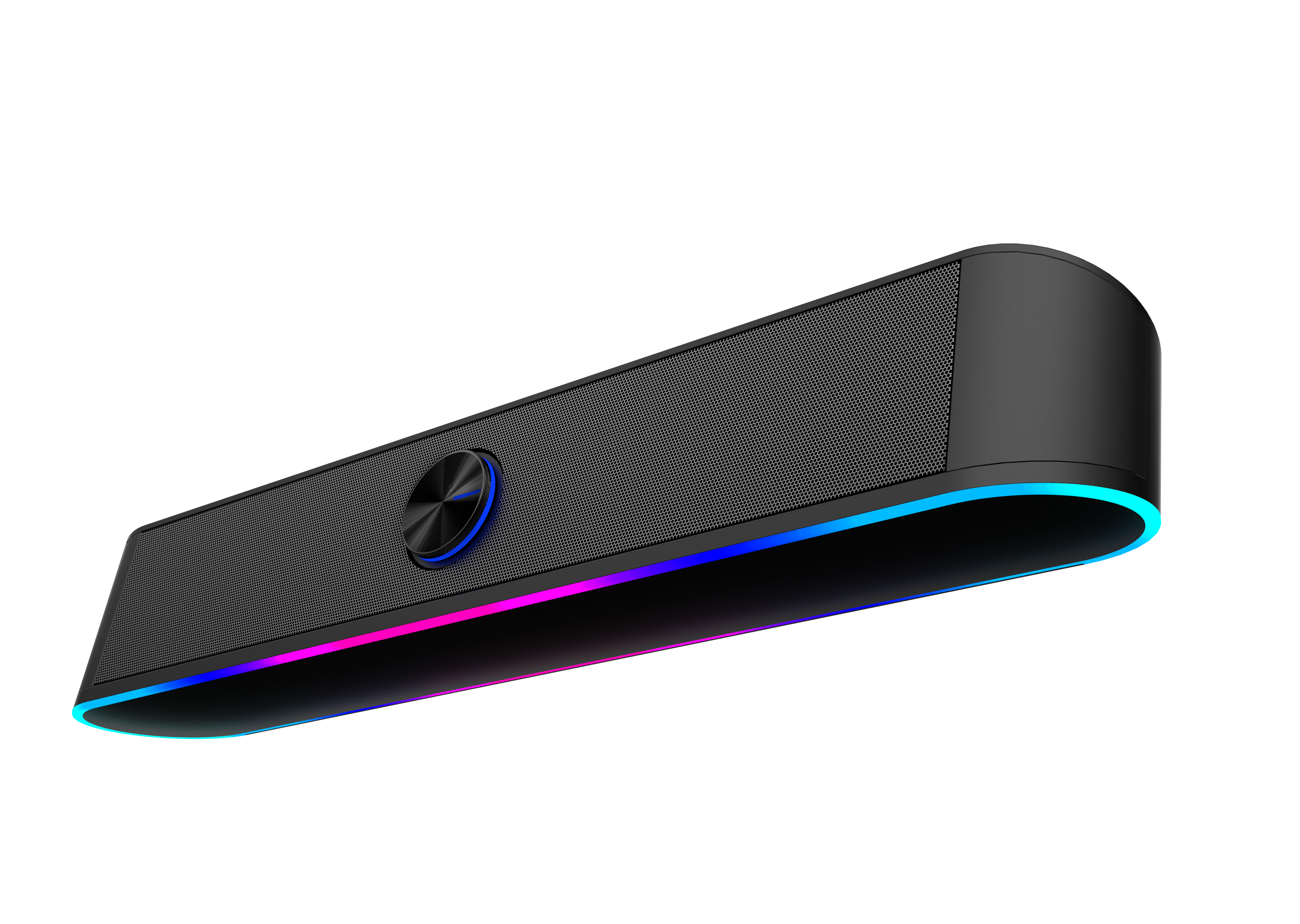 Schräge Ansicht einer schwarzen Soundbar. Sie hat eine Mesh-Front, einen Mittelknopf und einen LED-Streifen.