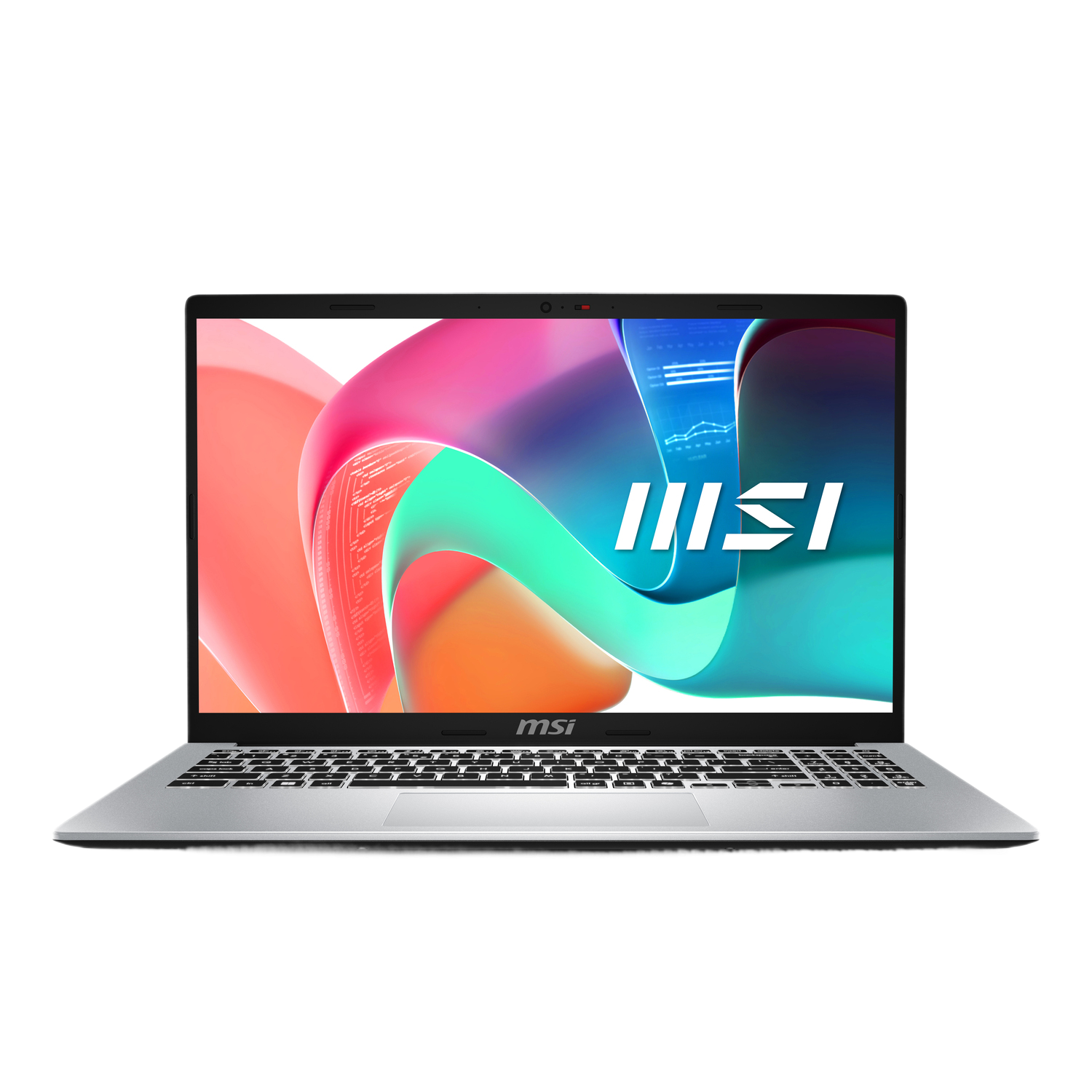 Un ordinateur portable argenté avec le logo MSI en bas et un design abstrait coloré sur l'écran.