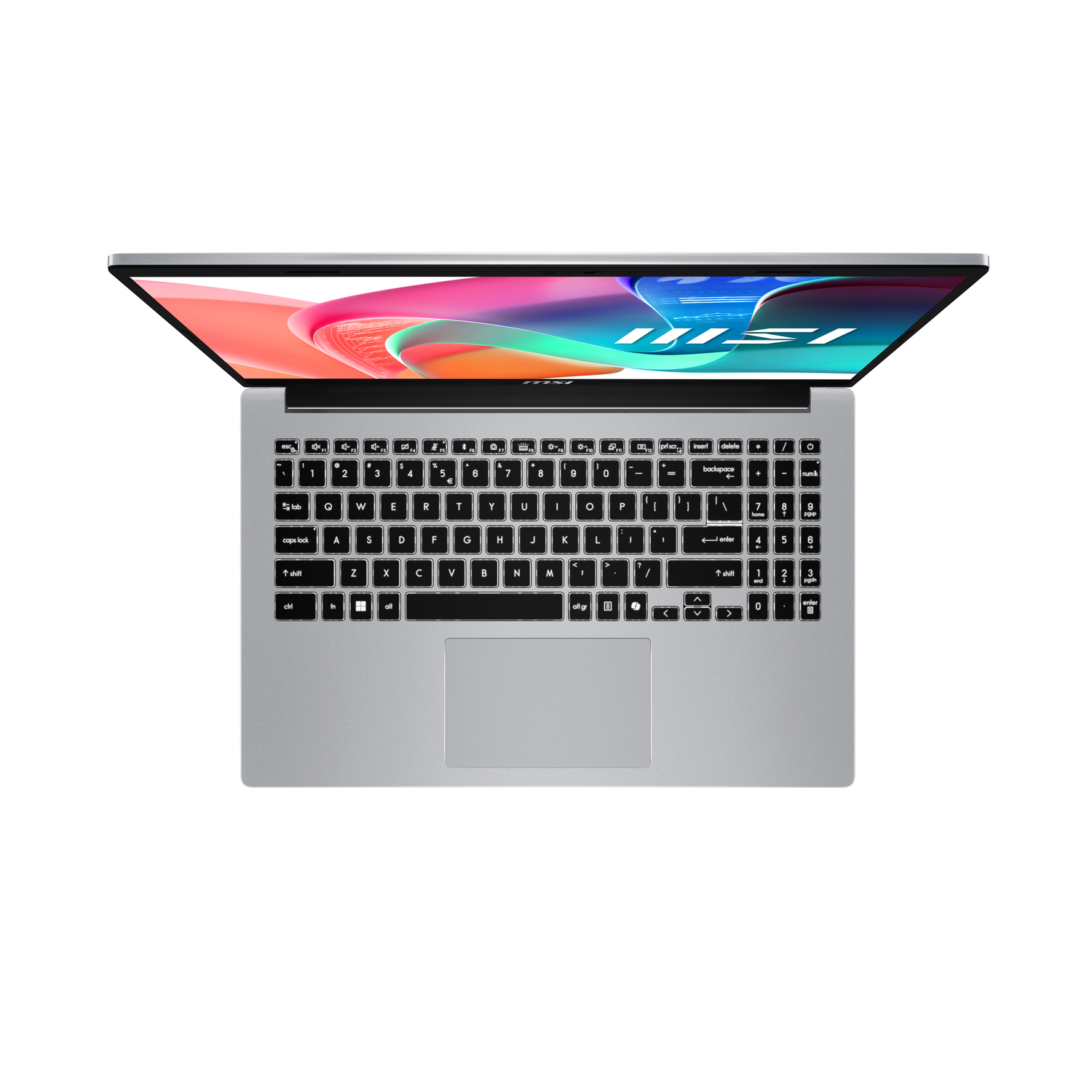 Un ordinateur portable avec un écran ouvert, montrant le clavier. Fond blanc.