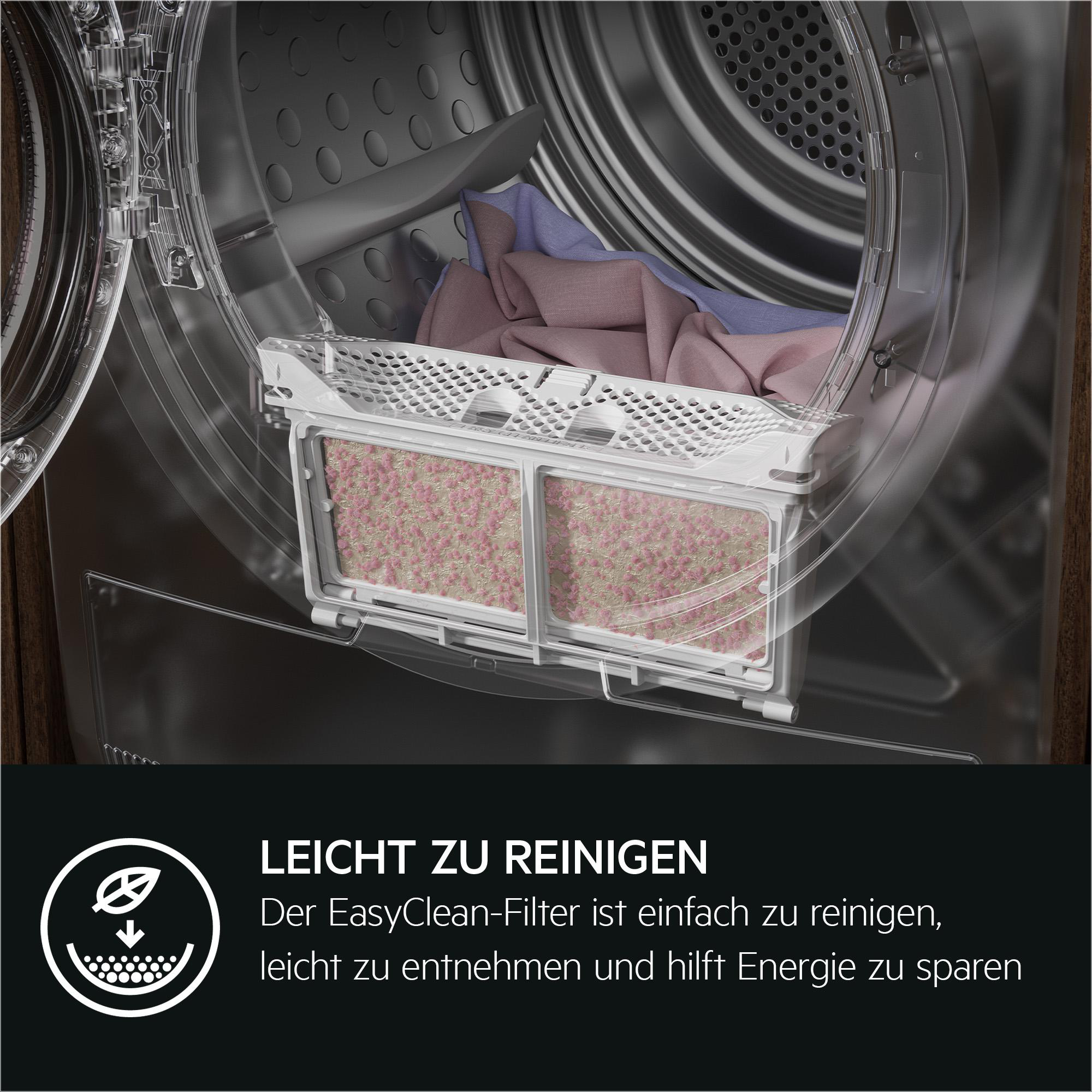 Ein Waschmaschinenfilter ist geöffnet. Der Filter ist voller rosa und weißer Rückstände.