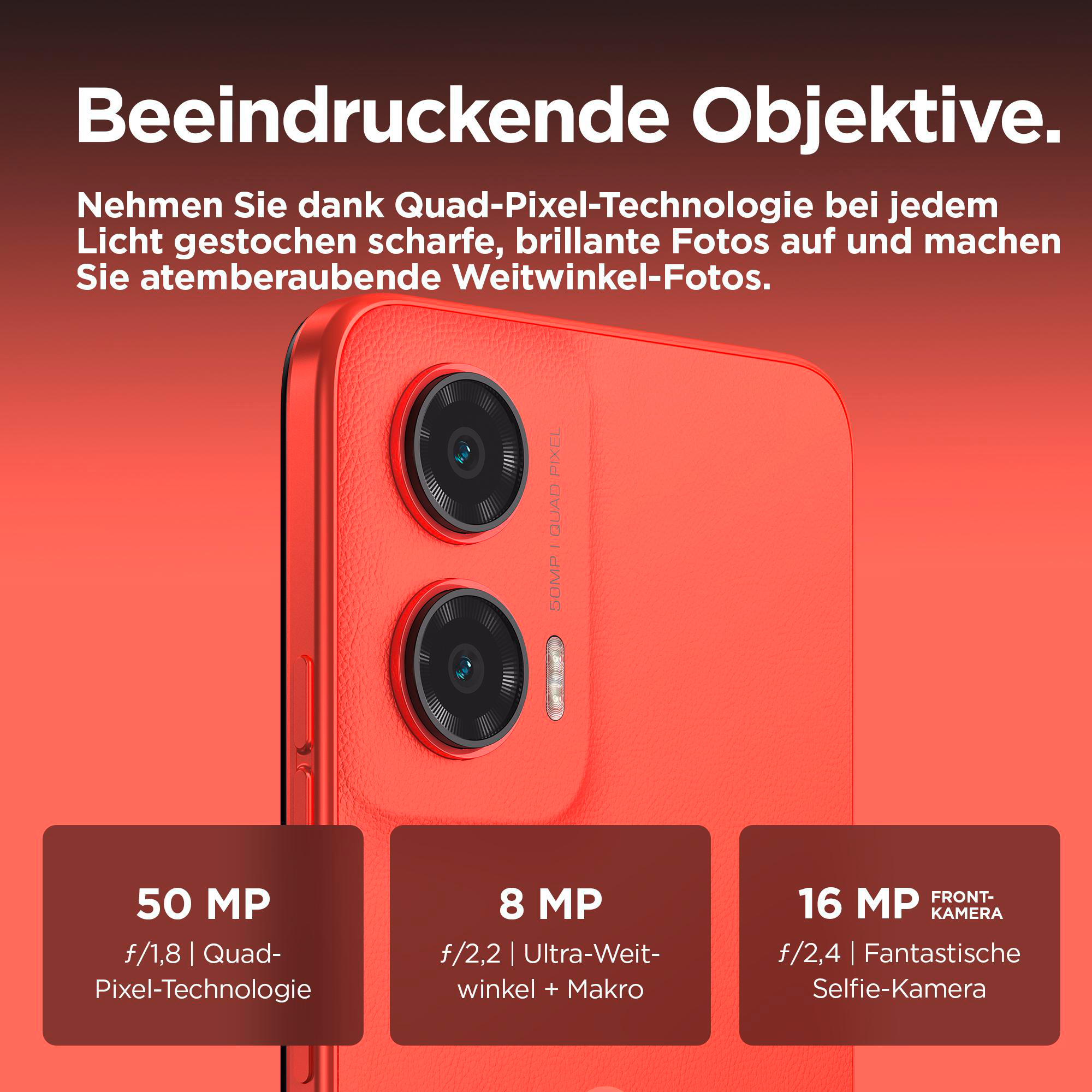 Rückseite des roten Smartphones mit Textfeldern zu den Kameraspezifikationen.