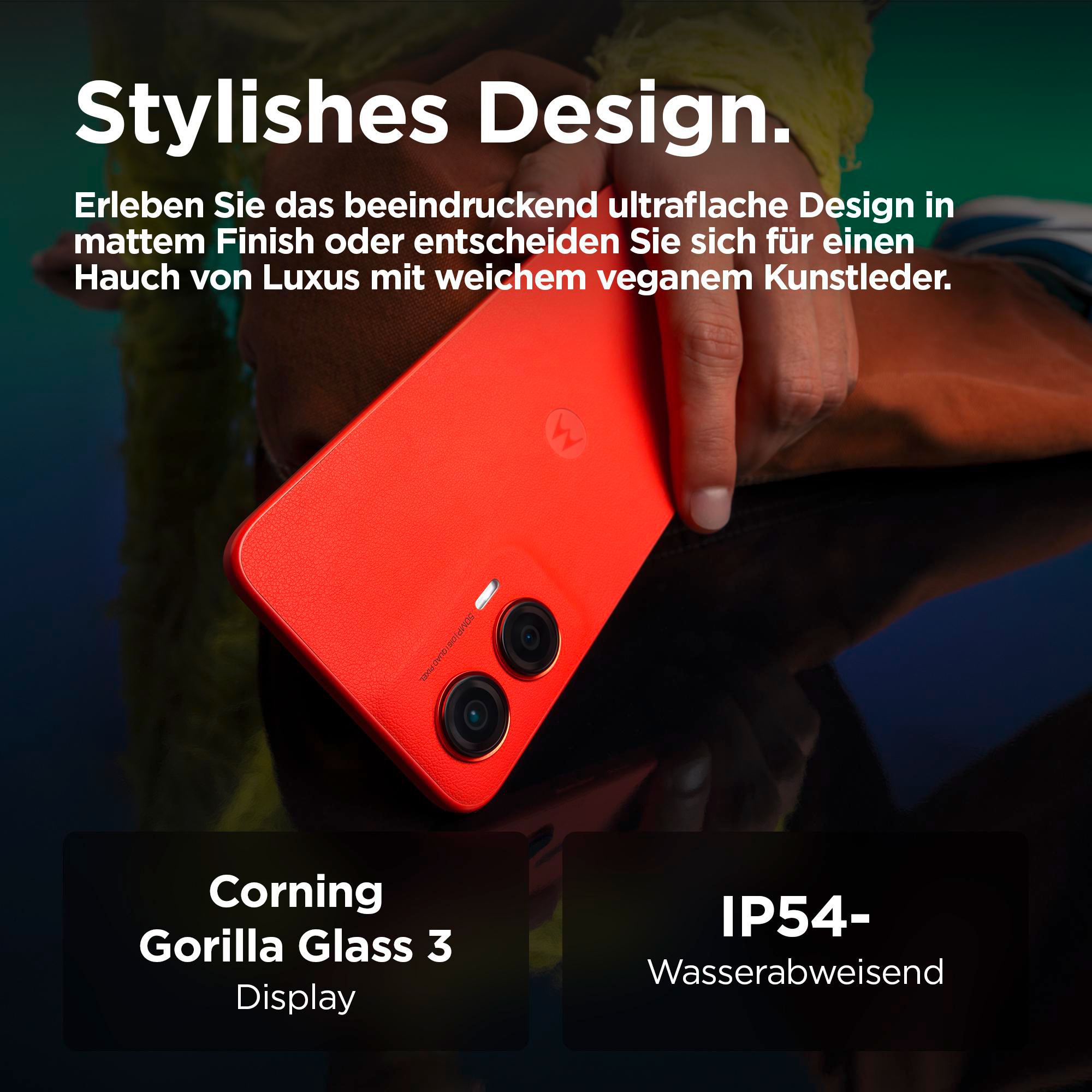 Ein rotes Telefon mit Dual-Kamera, Text und Glas-Display.