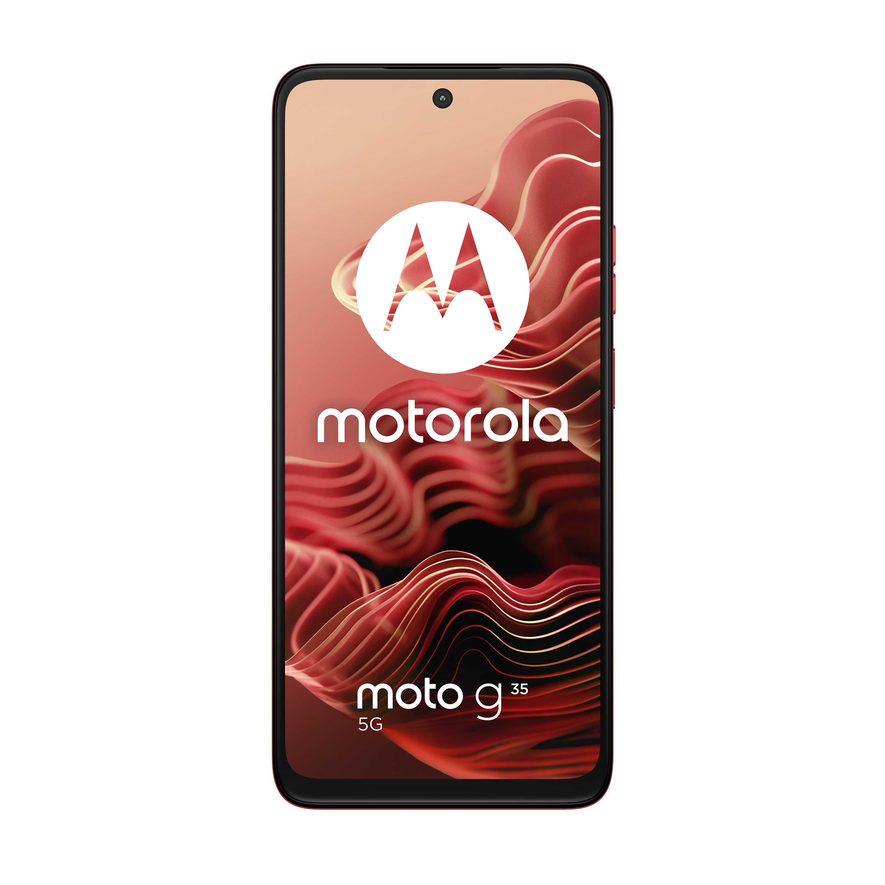 Motorola Moto G35 5G Smartphone. Roter Rahmen, weißes Motorola Logo, roter Wellenhintergrund.