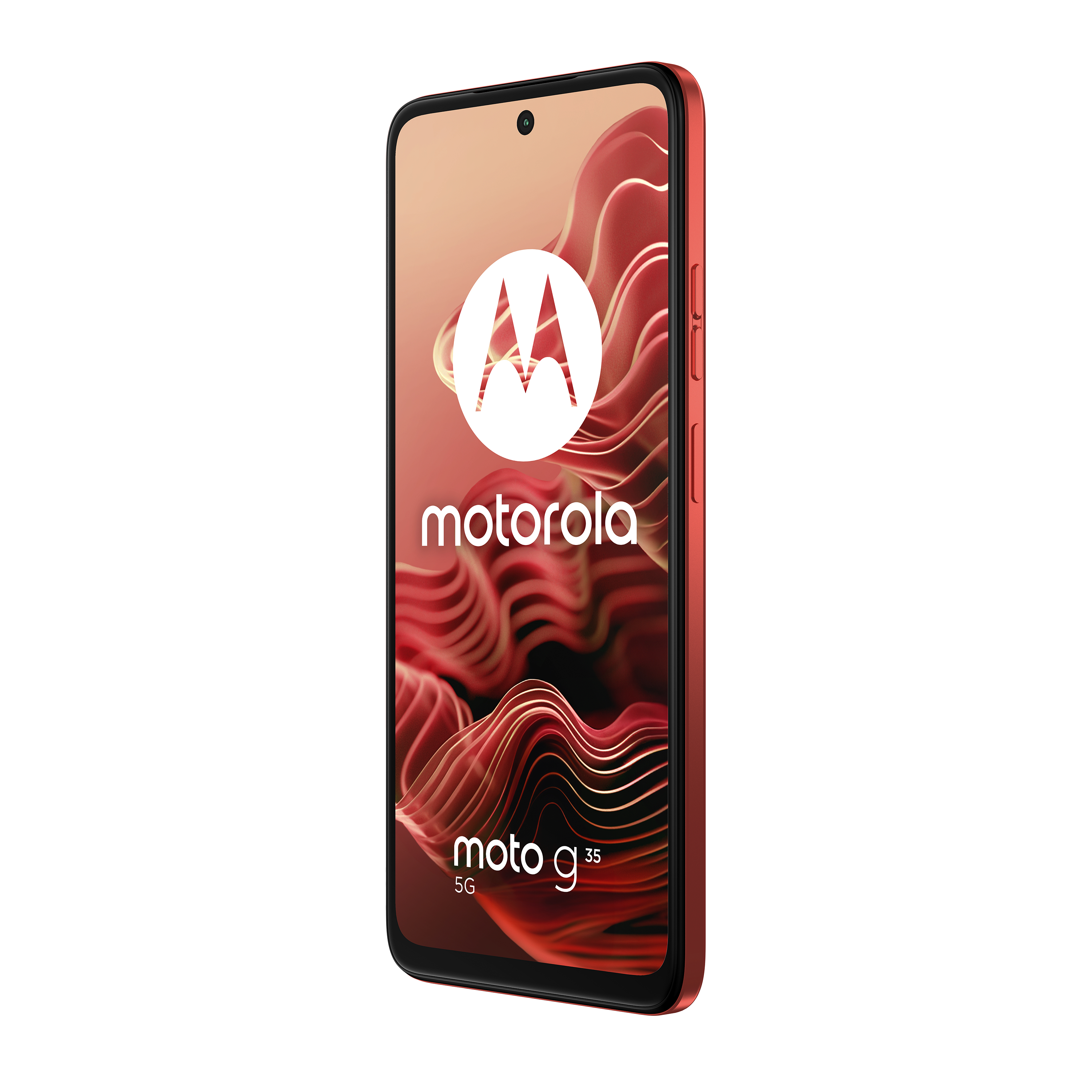 Ein rotes Motorola-Smartphone mit einem Display, das das Markenlogo zeigt. Weißer Hintergrund.