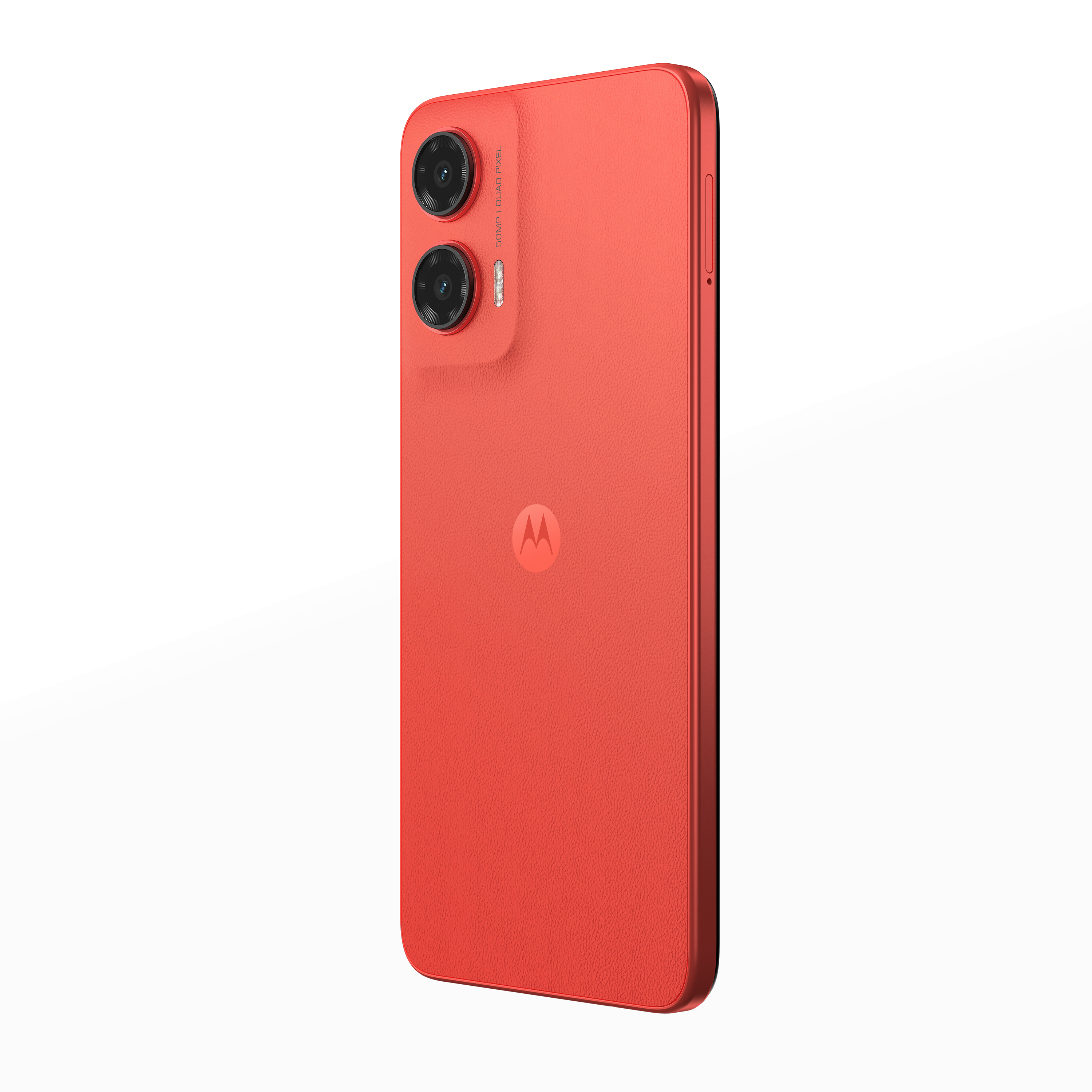 Rotes Motorola-Handy, Rückansicht, mit zwei Kameras und Logo, auf weißem Hintergrund.