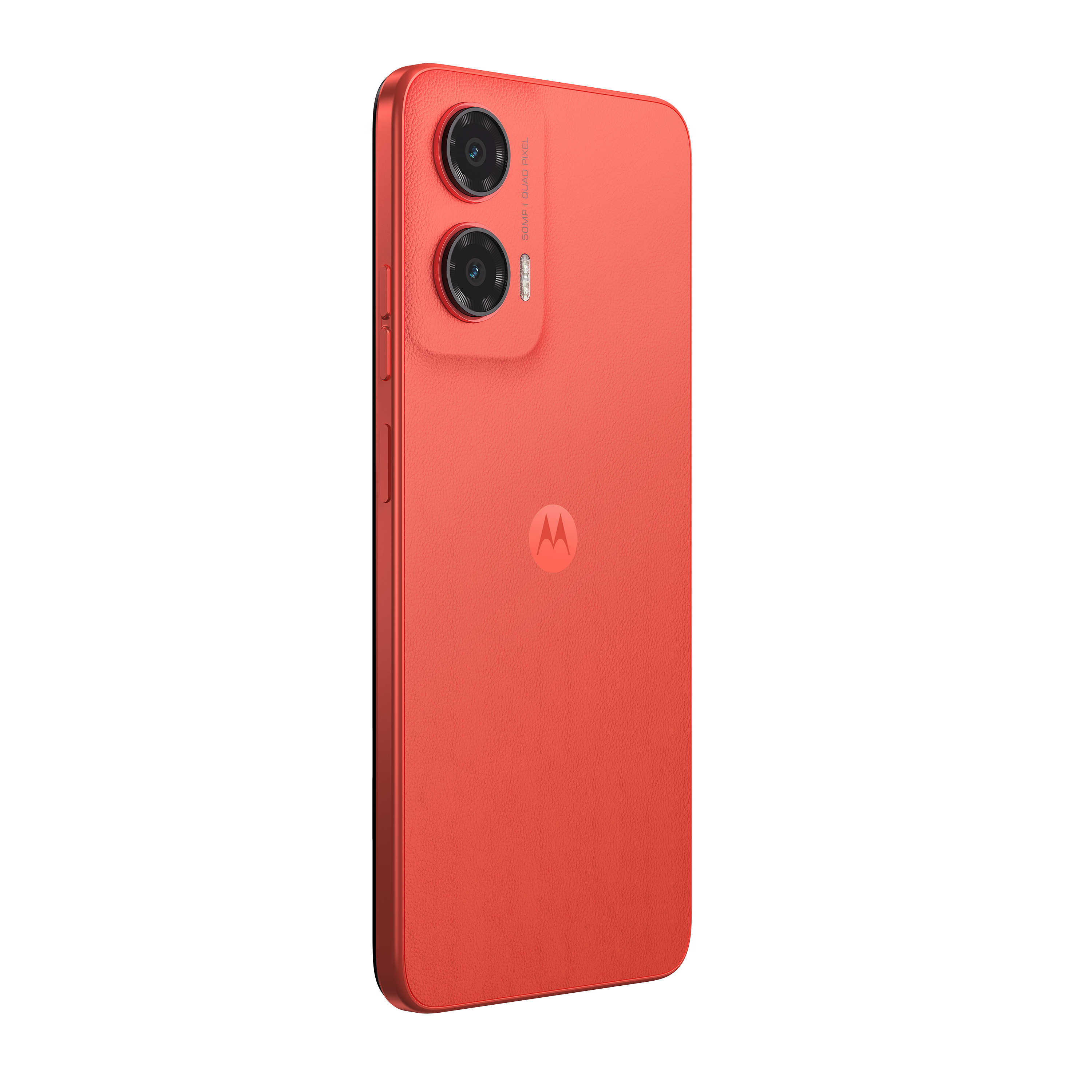Rückansicht eines roten Smartphones. Duale Kameras und Motorola-Logo sichtbar.
