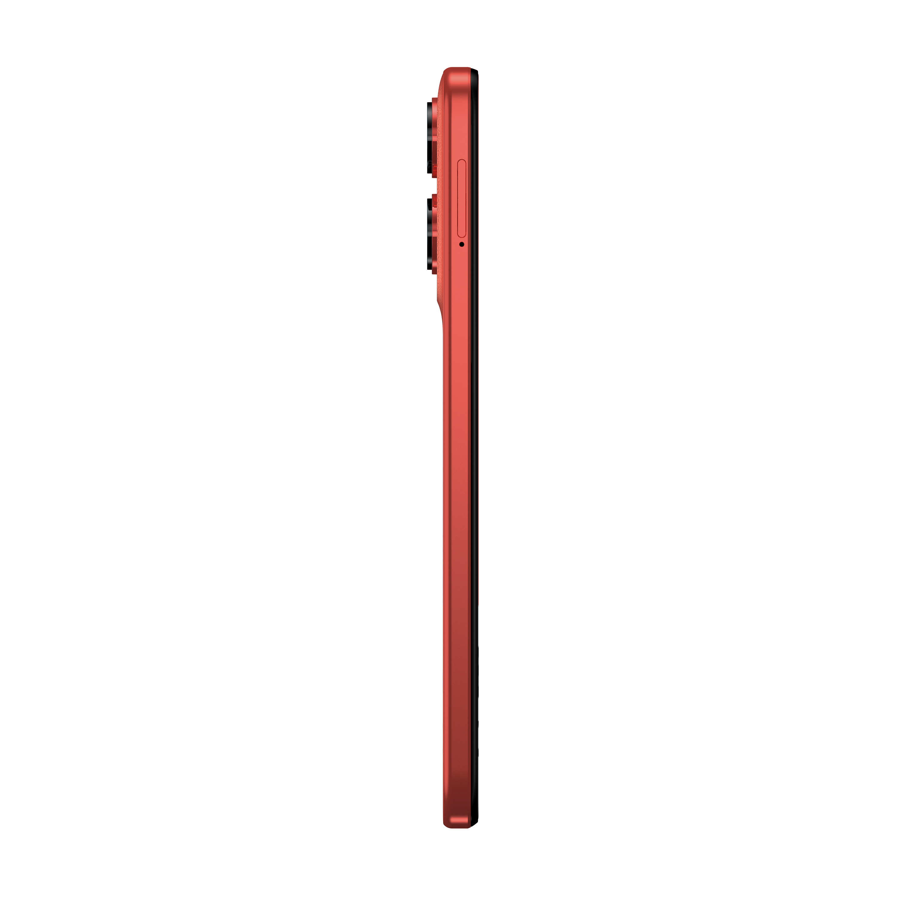 Seitenansicht eines roten Smartphones mit Kamera und Knöpfen.