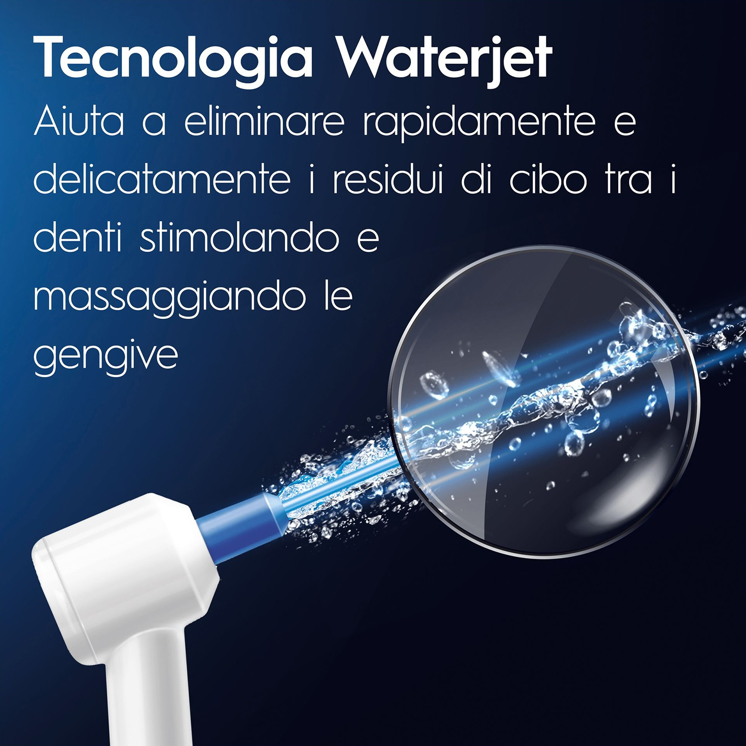 Primo piano di un pulitore dentale a getto d'acqua. Getto d'acqua che spruzza dall'ugello.