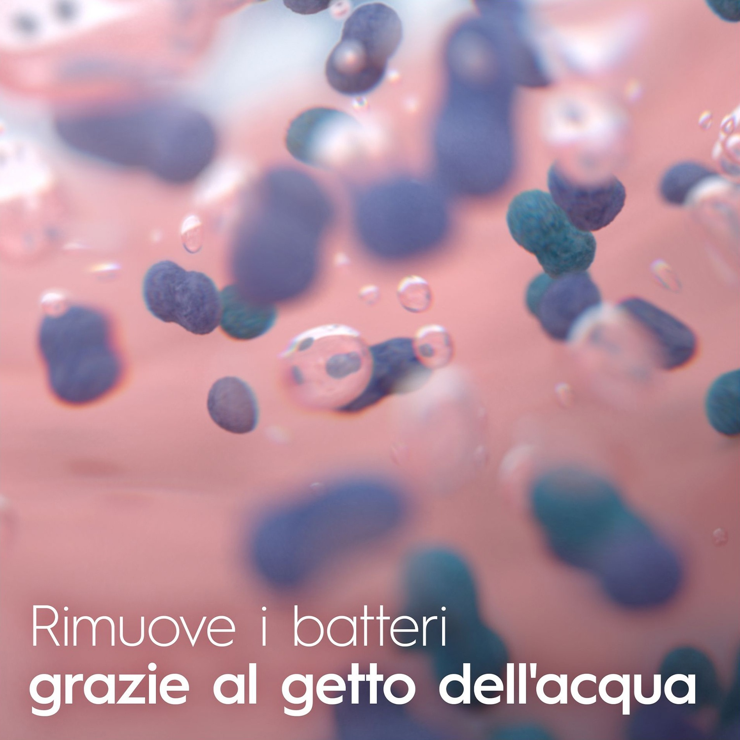 Immagine microscopica di batteri. Batteri blu e verdi su sfondo rosa.