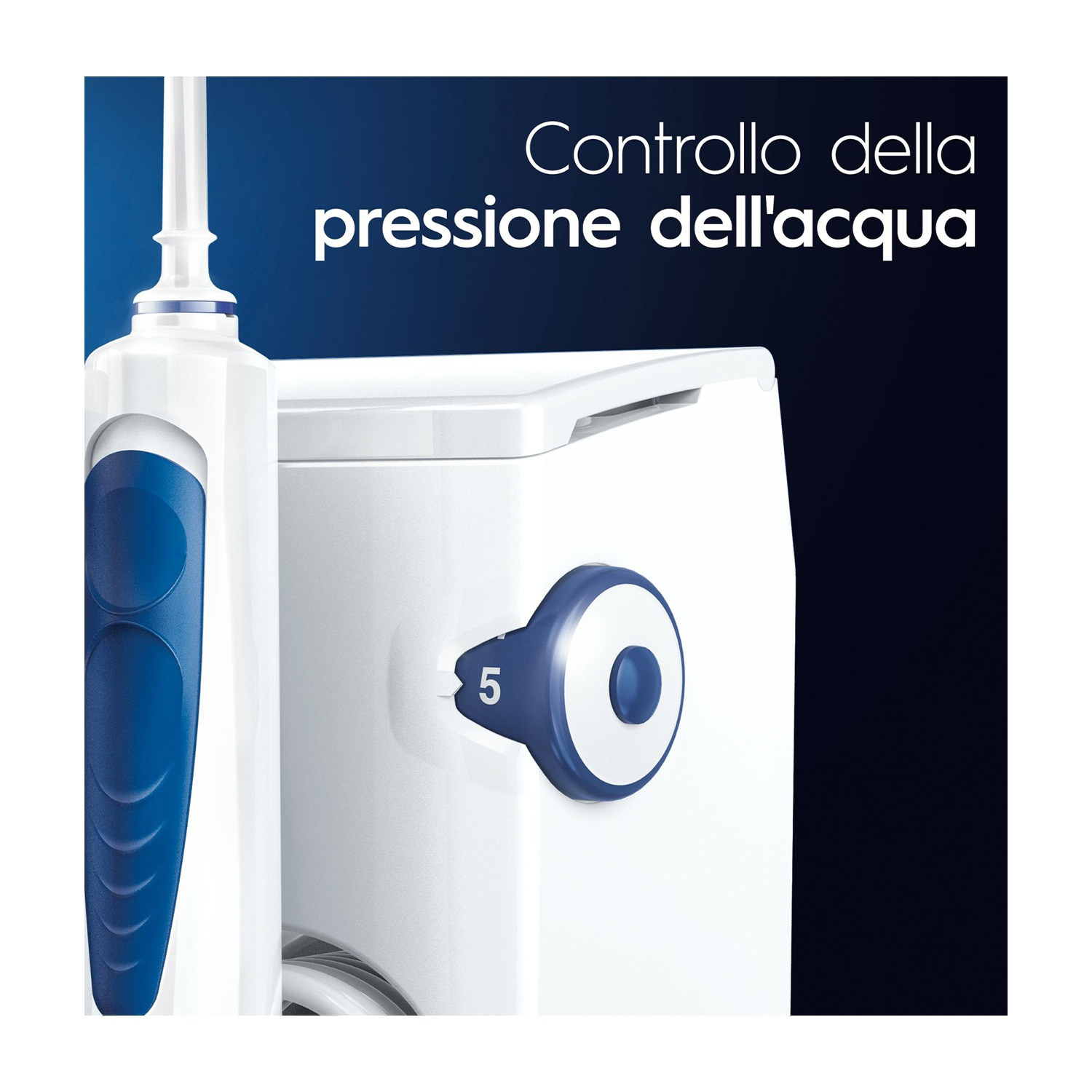 Idropulsore Oral-B con quadrante su 5 e ugello a sinistra.