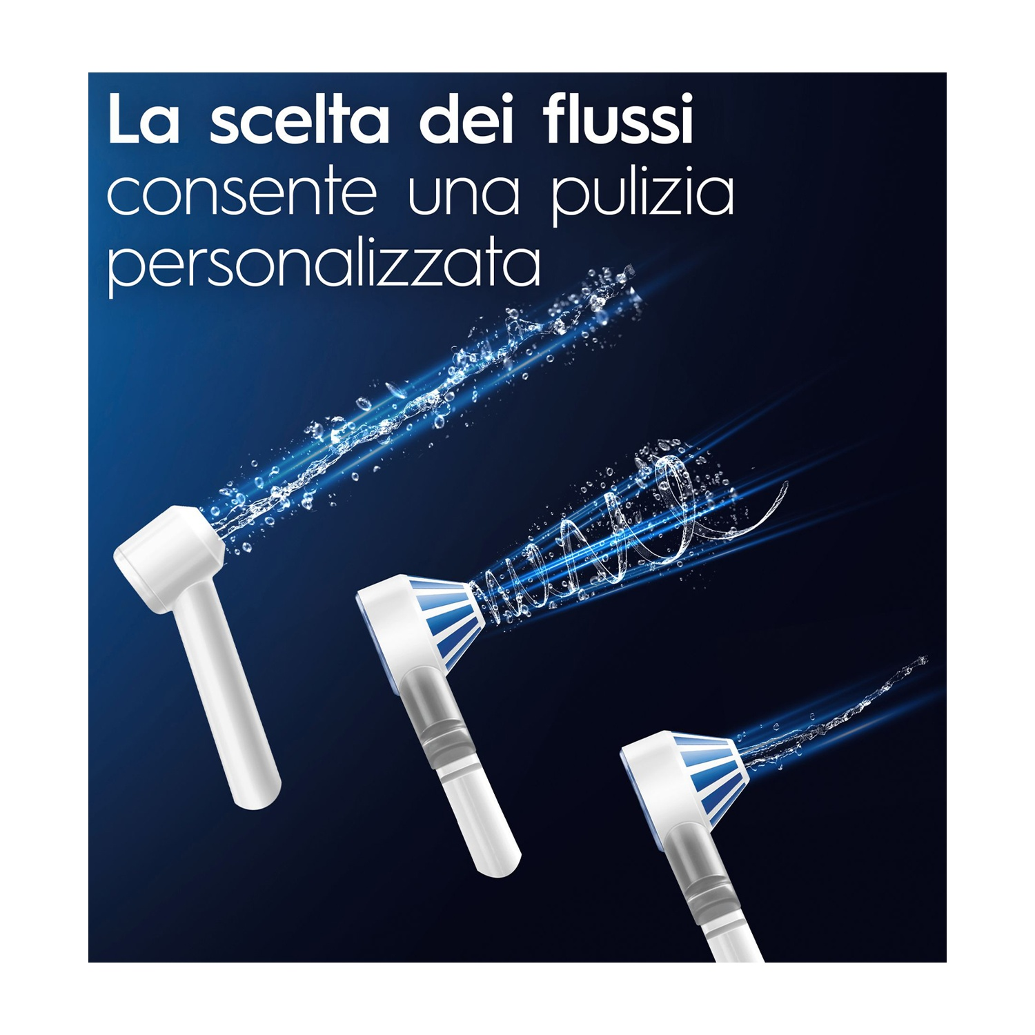 Tre testine per spazzolino con getti d'acqua per una pulizia personalizzata.