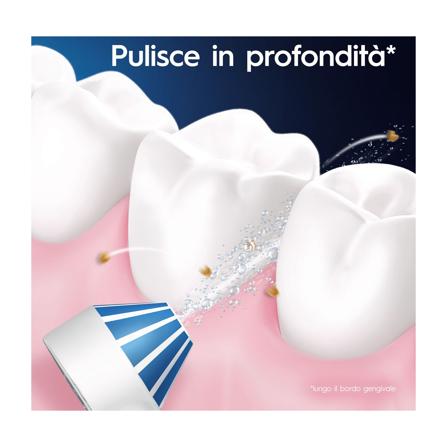 Pulizia dentale con getto d'acqua. Getto d'acqua che pulisce i denti con sfondo rosa.