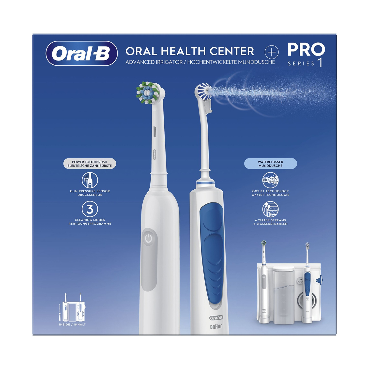 Due spazzolini Oral-B e un idropulsore. Testo: Oral health center pro series 1.