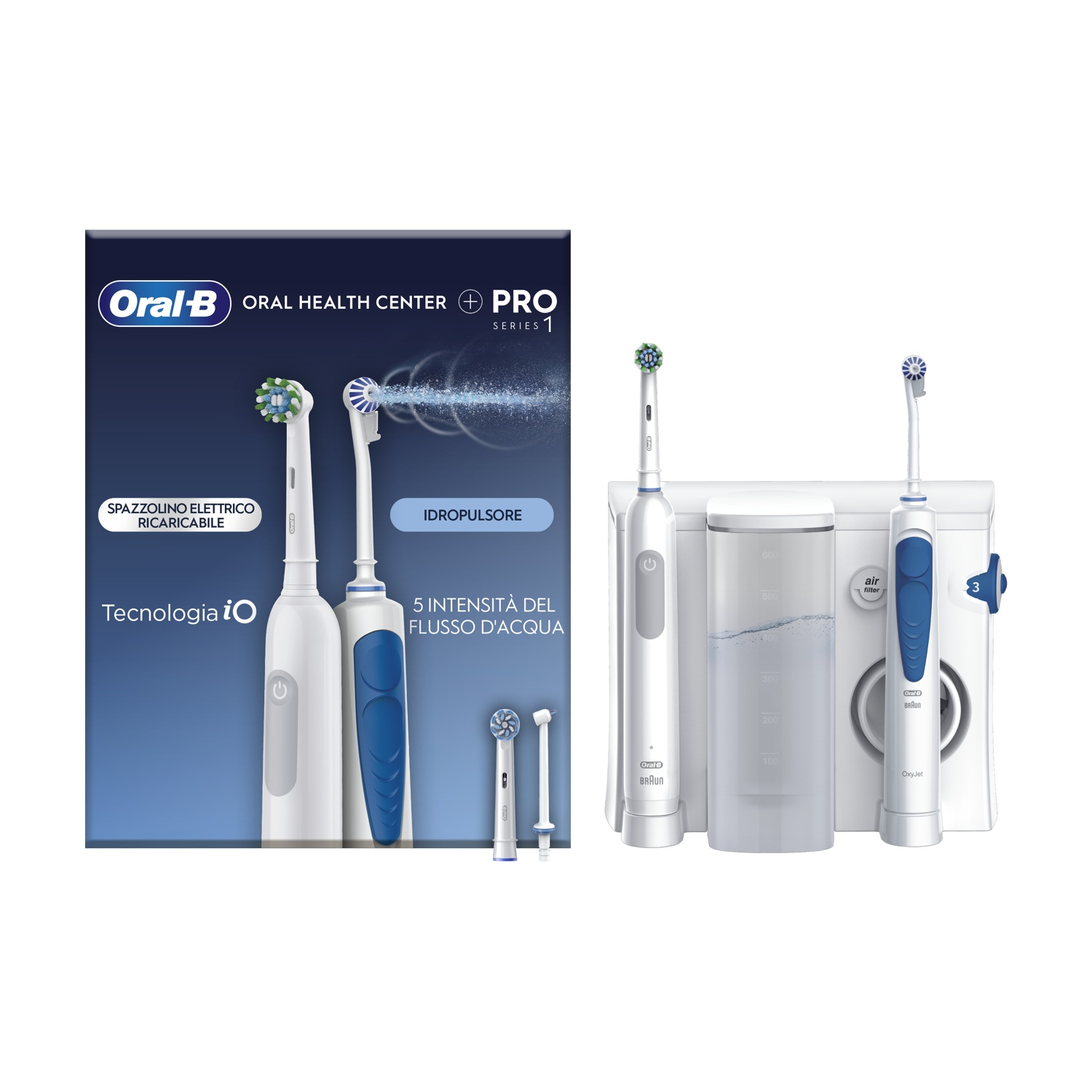 Set spazzolino elettrico Oral-B con due spazzolini, un idropulsore e accessori.