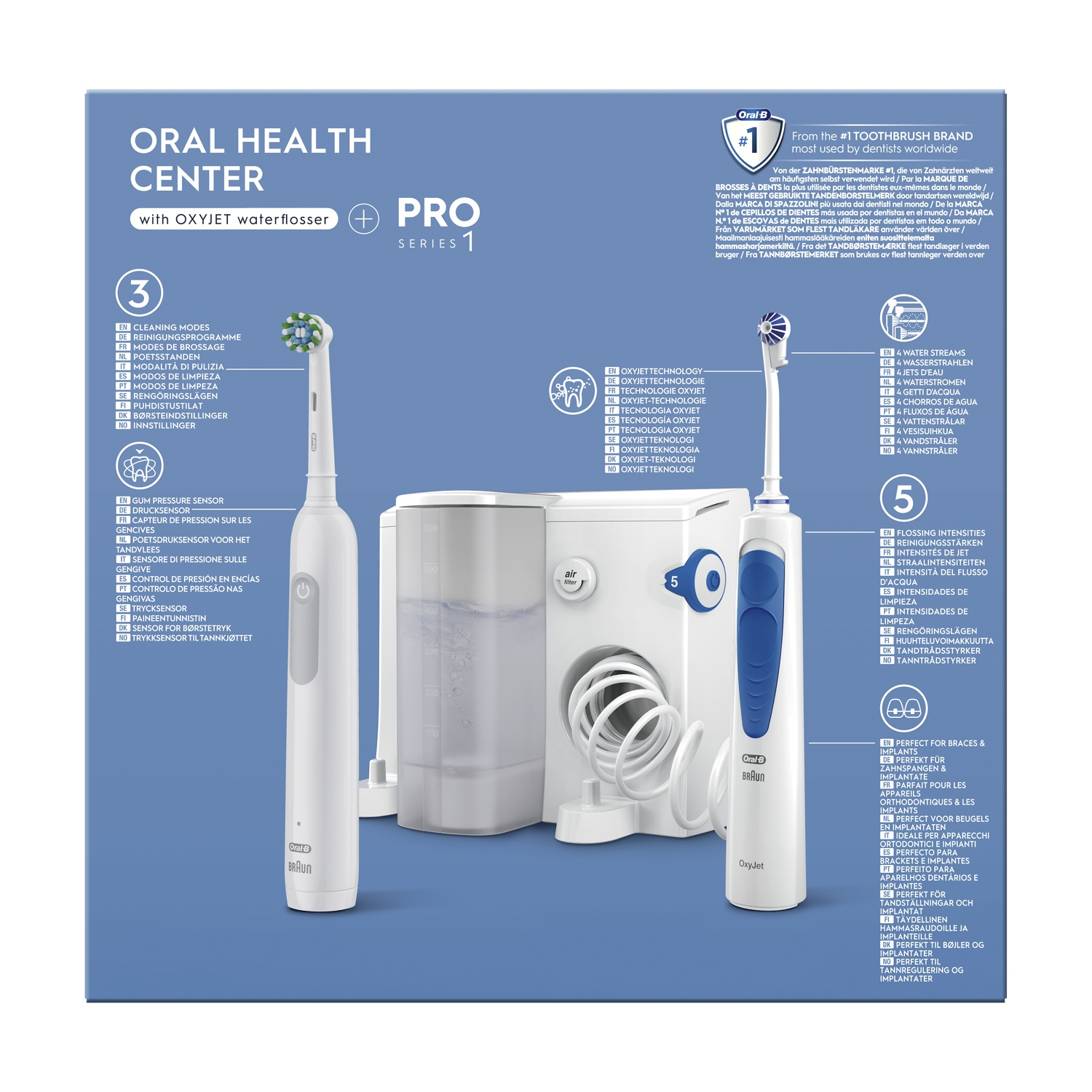 Un idropulsore Oral Health Center con due spazzolini elettrici.