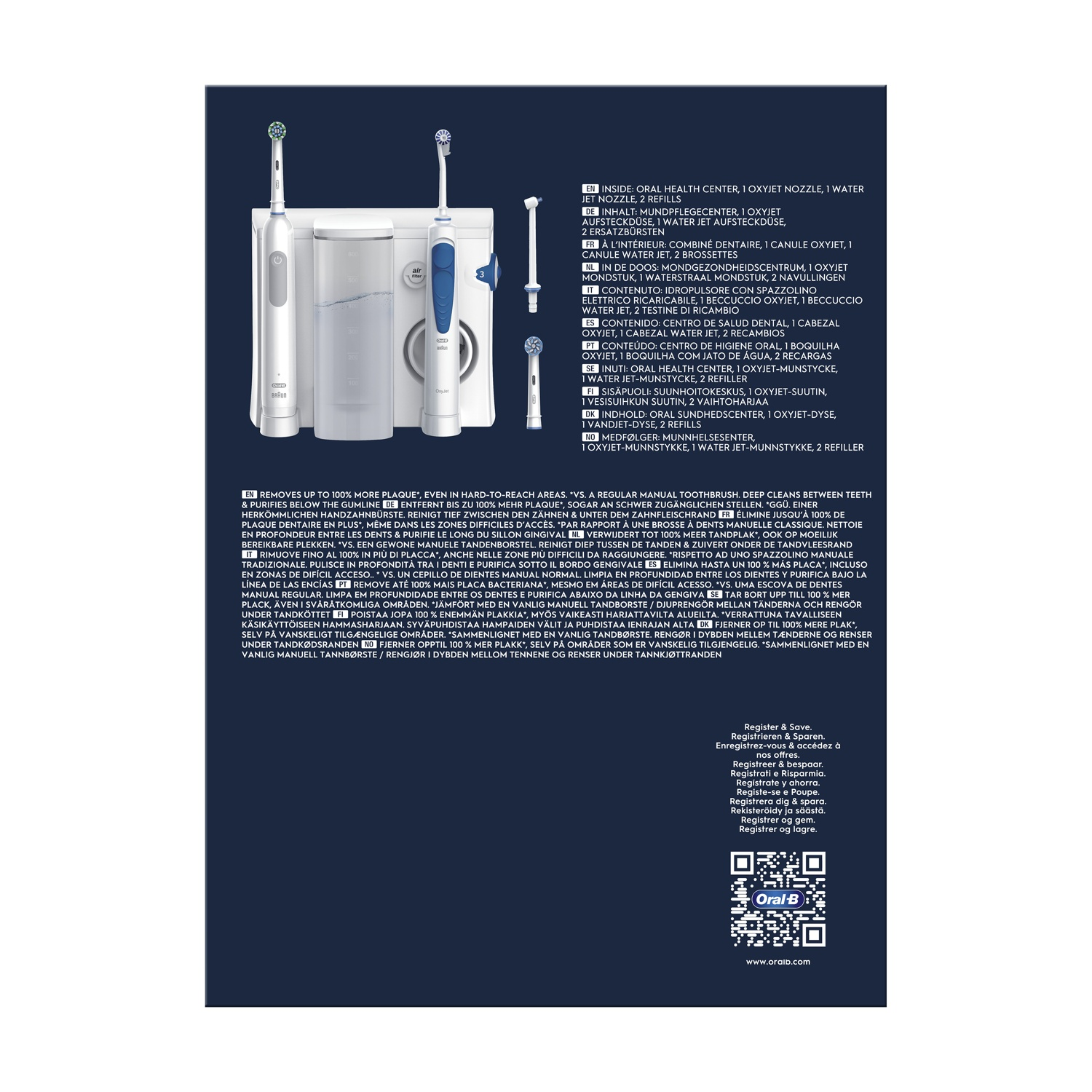 Diagramma con testo multilingue, che mostra prodotti e funzionalità Oral-B.
