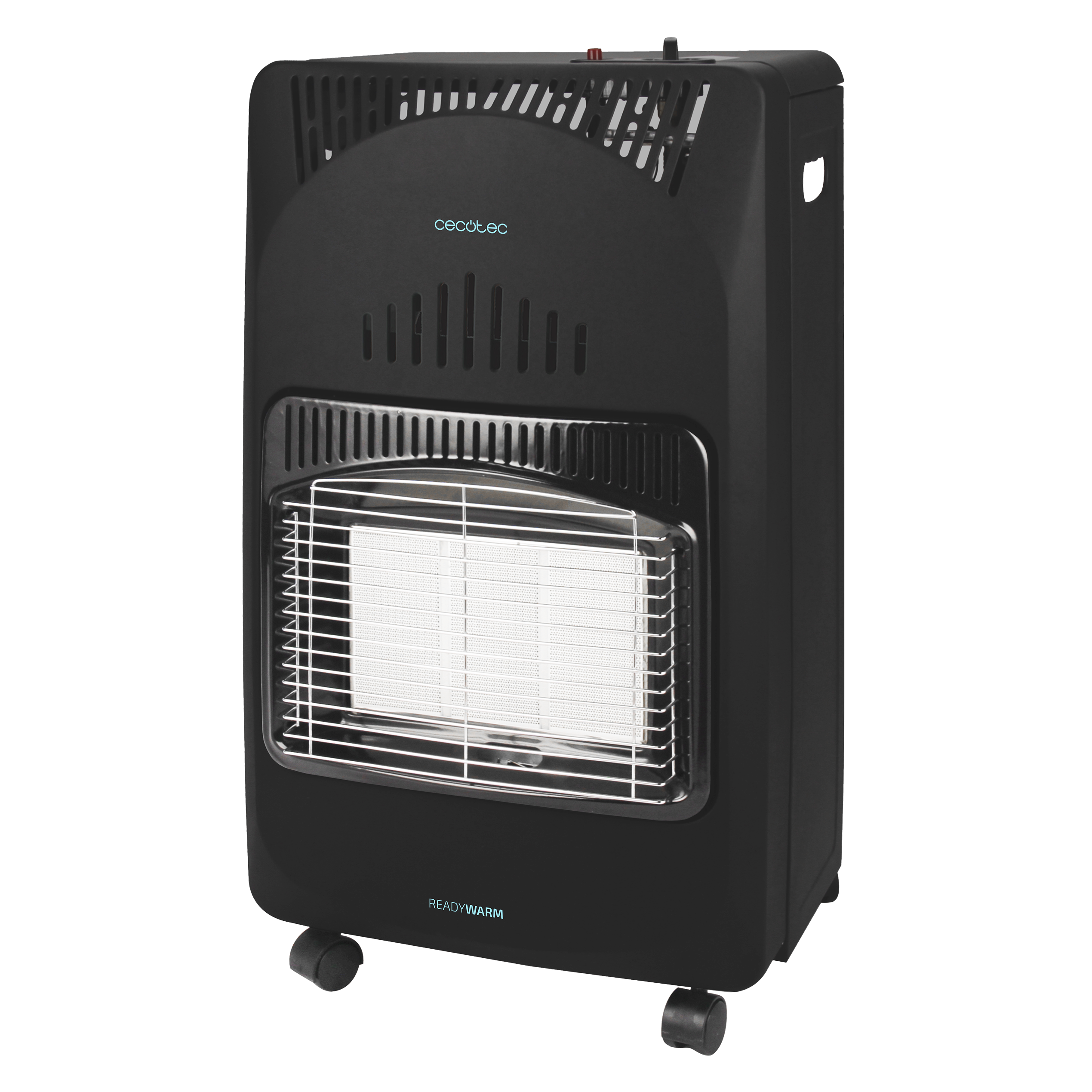 Calentador de gas portátil negro con parrilla y ruedas. Vista frontal del calentador.