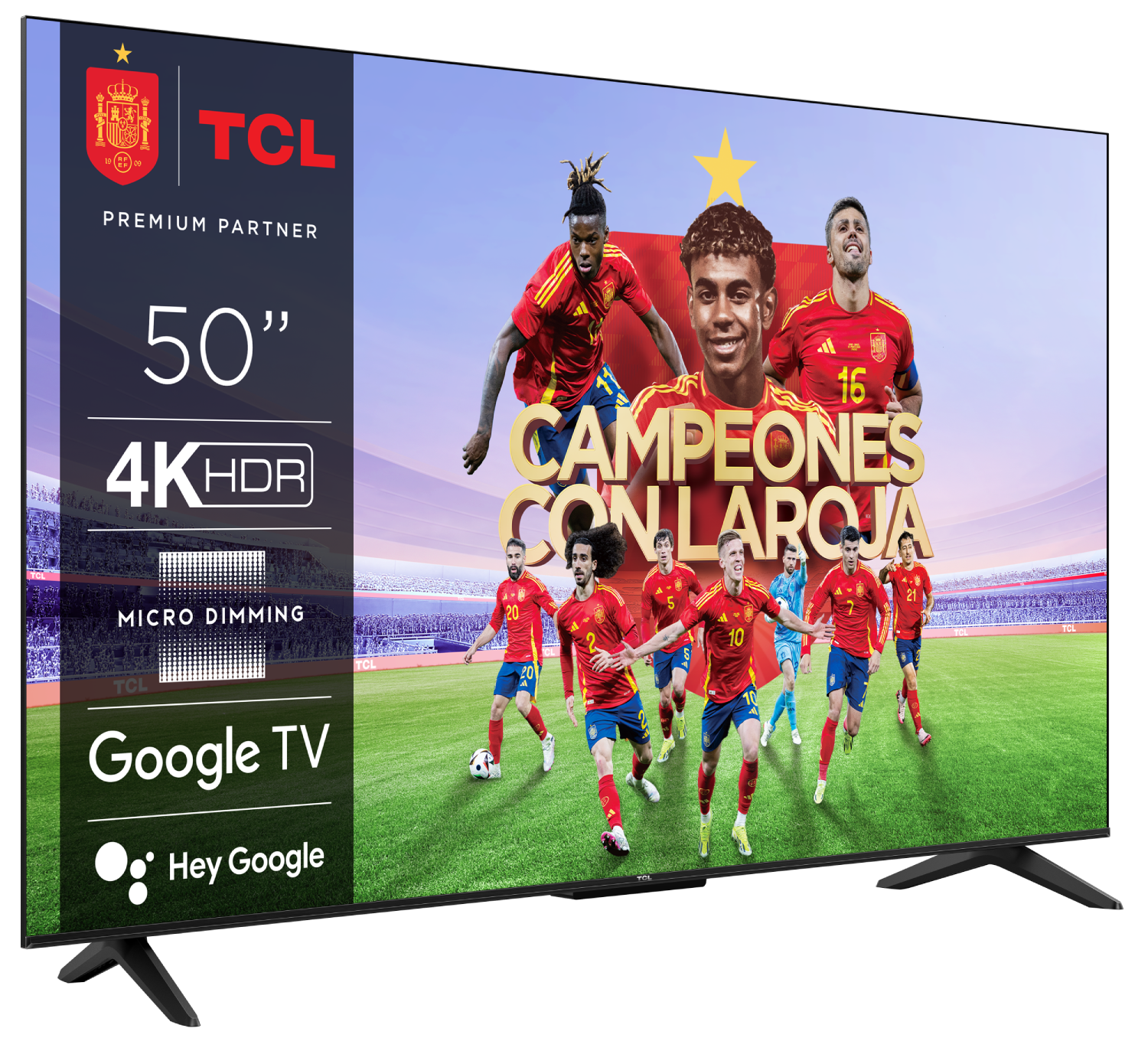 Televisor TCL de 50 pulgadas 4K HDR con jugadores de fútbol.