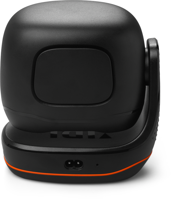 Eine schwarze Smart Home Überwachungskamera, mit einer orangenen Linie an der Basis.