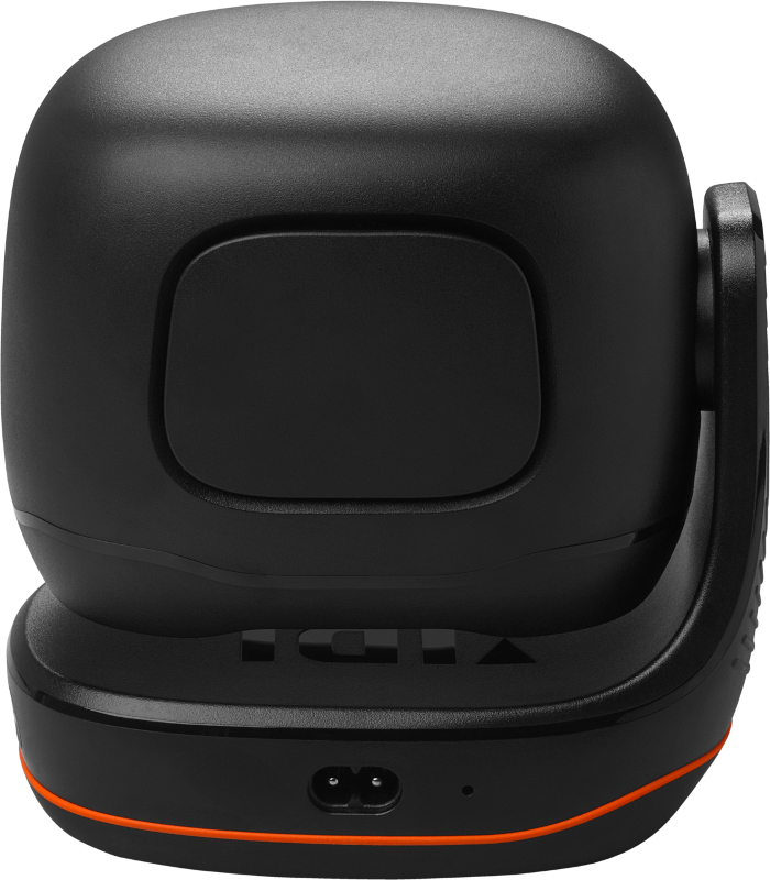 Schwarze Überwachungskamera mit abgerundeter Oberseite, rechteckiger Vorderseite und Basis mit orangefarbenem Streifen.