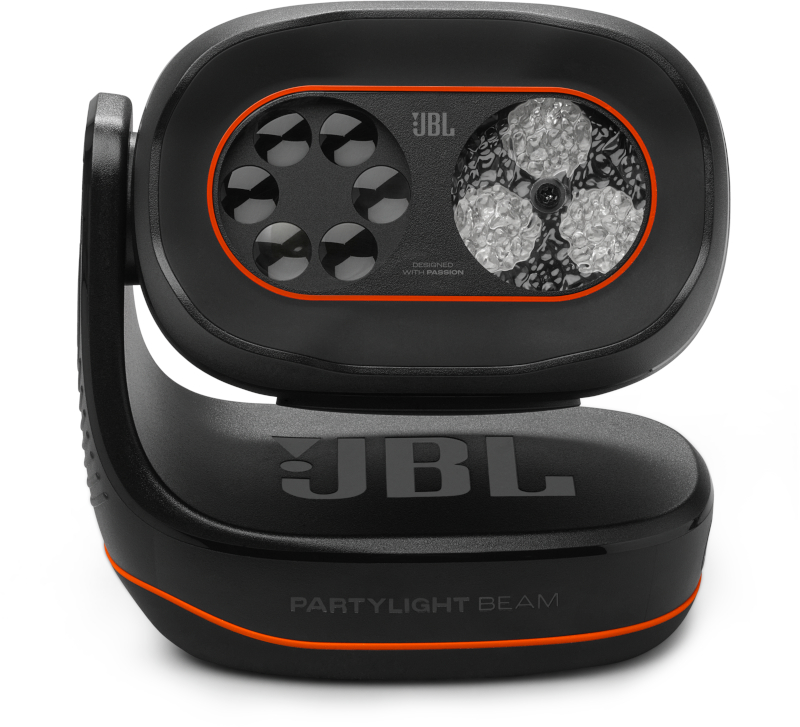 Ein schwarzer Lautsprecher mit JBL-Logo und orangefarbenen Akzenten.