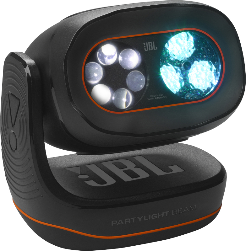 Schwarzer JBL PartyLight Beam. Es hat mehrere Lichter, darunter blaue und weiße. Orange Akzente, JBL-Logo.