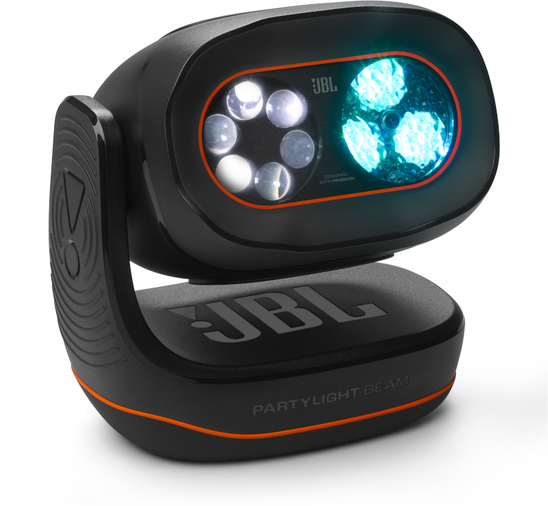 Schwarzer JBL PartyLight Beam mit weißen und orangen Akzenten.